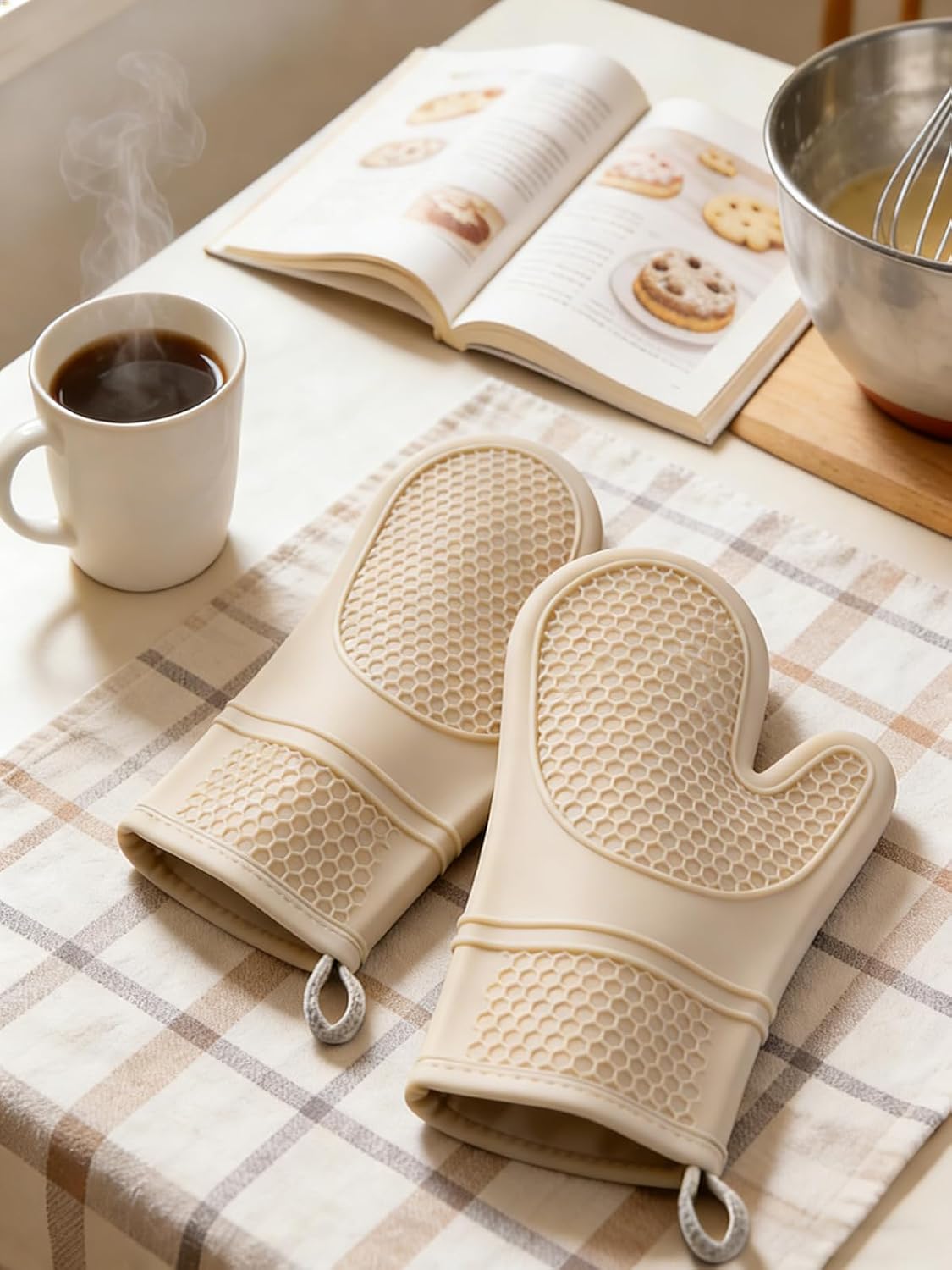 2 Pack Silicone Oven Mitts Pair, Ribbed Soft Silicone Oven Mitt with Thick Cotton Liner, Non-Slip Grip Flexible Oven Gloves, Long Pot Holders Gift for Women Baking Cooking (Khaki)