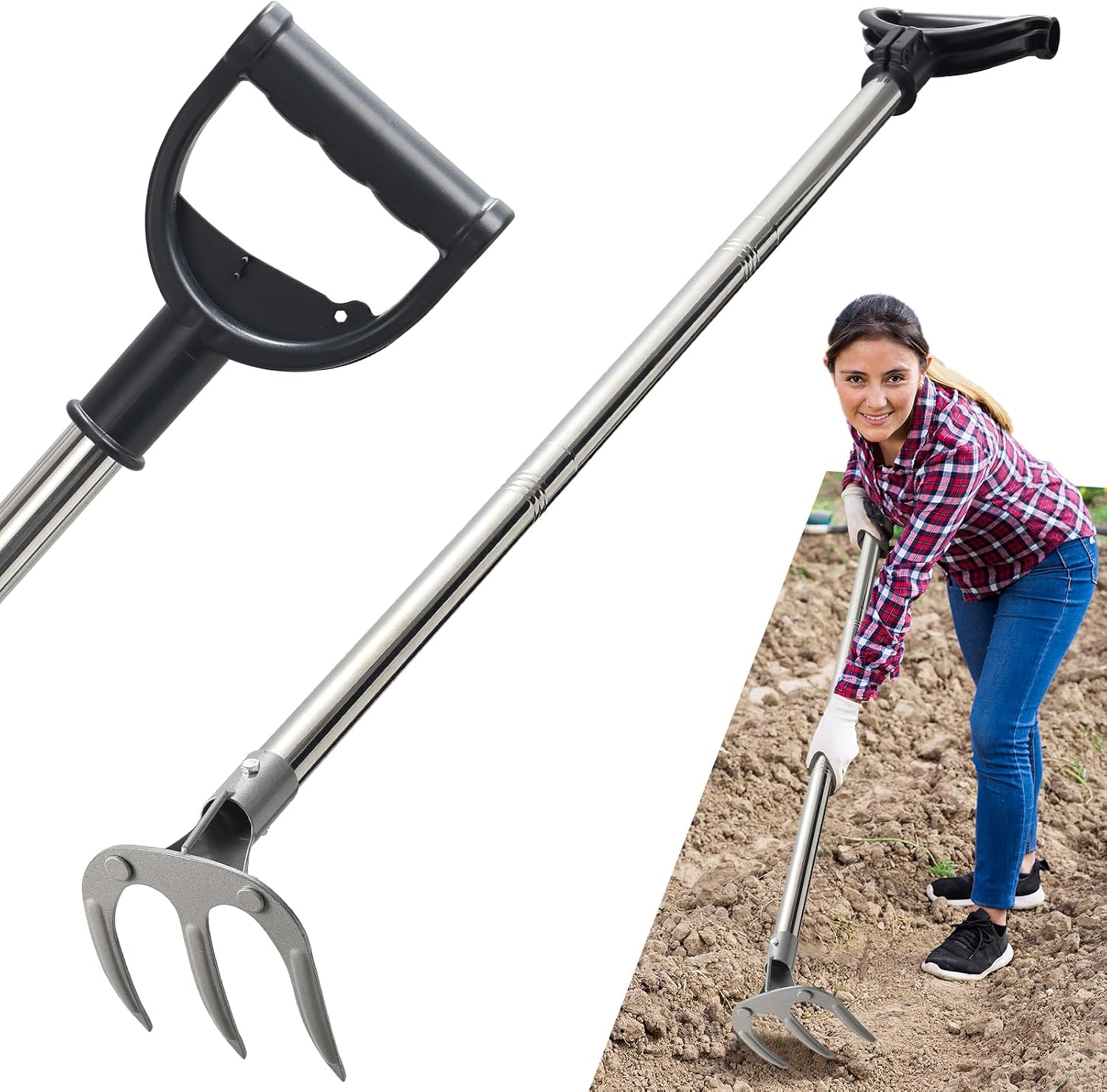 Garden Hand Cultivator Rake: Long Handle Hoe Garden Tool with Ergonomic D Grip, Heavy Duty Iron 3-Tine Tiller Rakes for Gardening,Cultivating, Planting, Digging, Weeding (50inch)