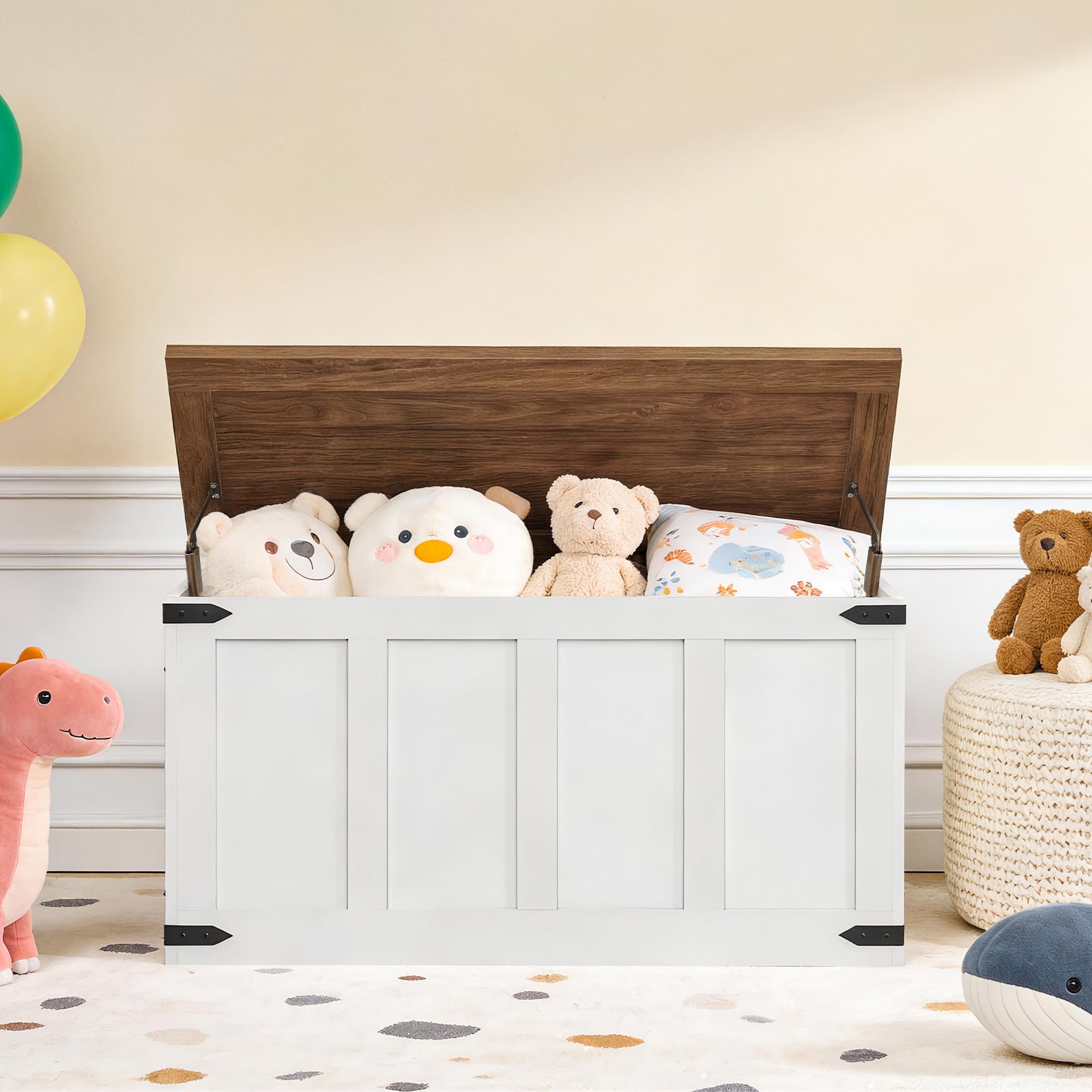 HOOBRO Sitzbank mit Stauraum, Truhen mit Deckel, Spielzeugkiste groß, Schuhbank mit 2 Sicherheitsscharniere, aufbewahrungsbox, 100 x 39 x 50 cm, für Flur, Schlafzimmer Weiß und Walnuss EWH500CW01
