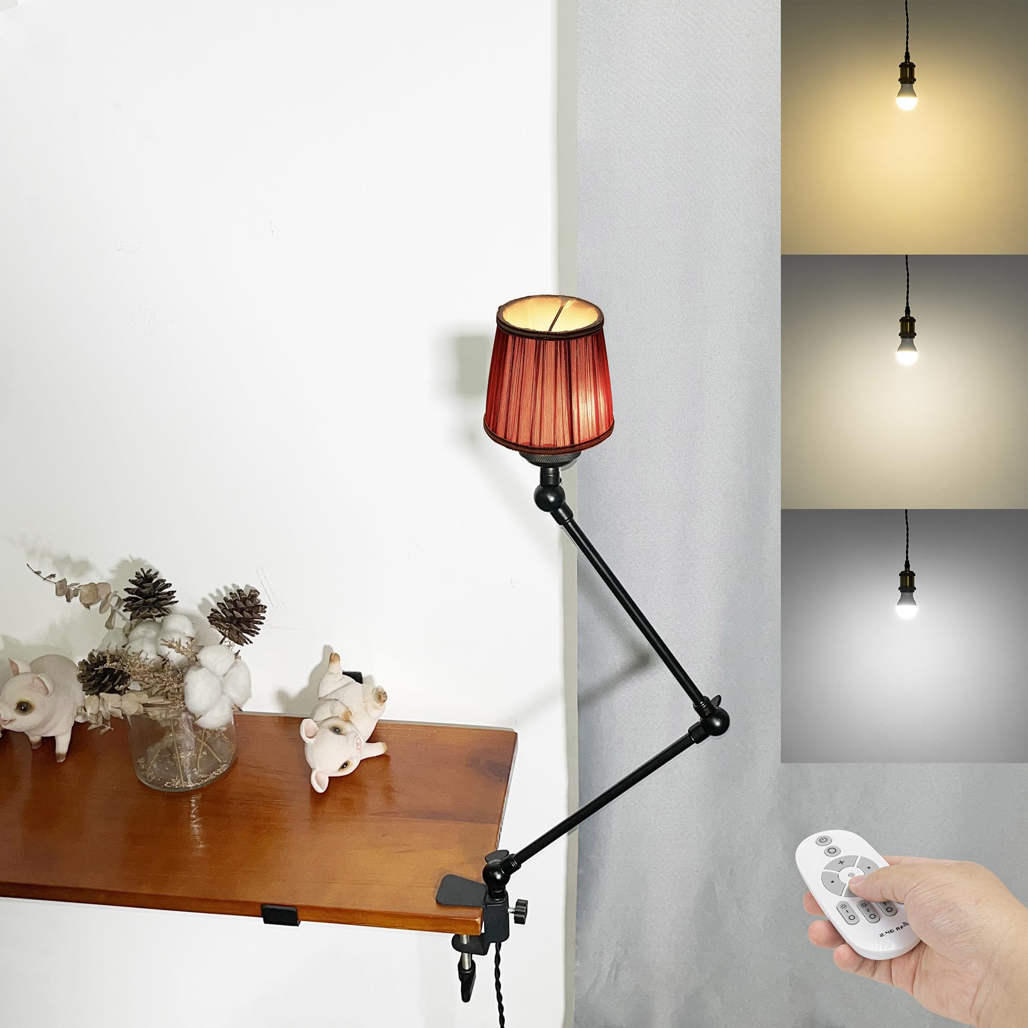 Klemmleuchte mit Fernsteuerung,1 Packung Leselampe mit 2,5 m Kabel, Dimmbar Nachttischlampe,Augenpflege Schreibtischlampe für Büro Heimgebrauch, E27 Lampenhalterung - DZ0329/809