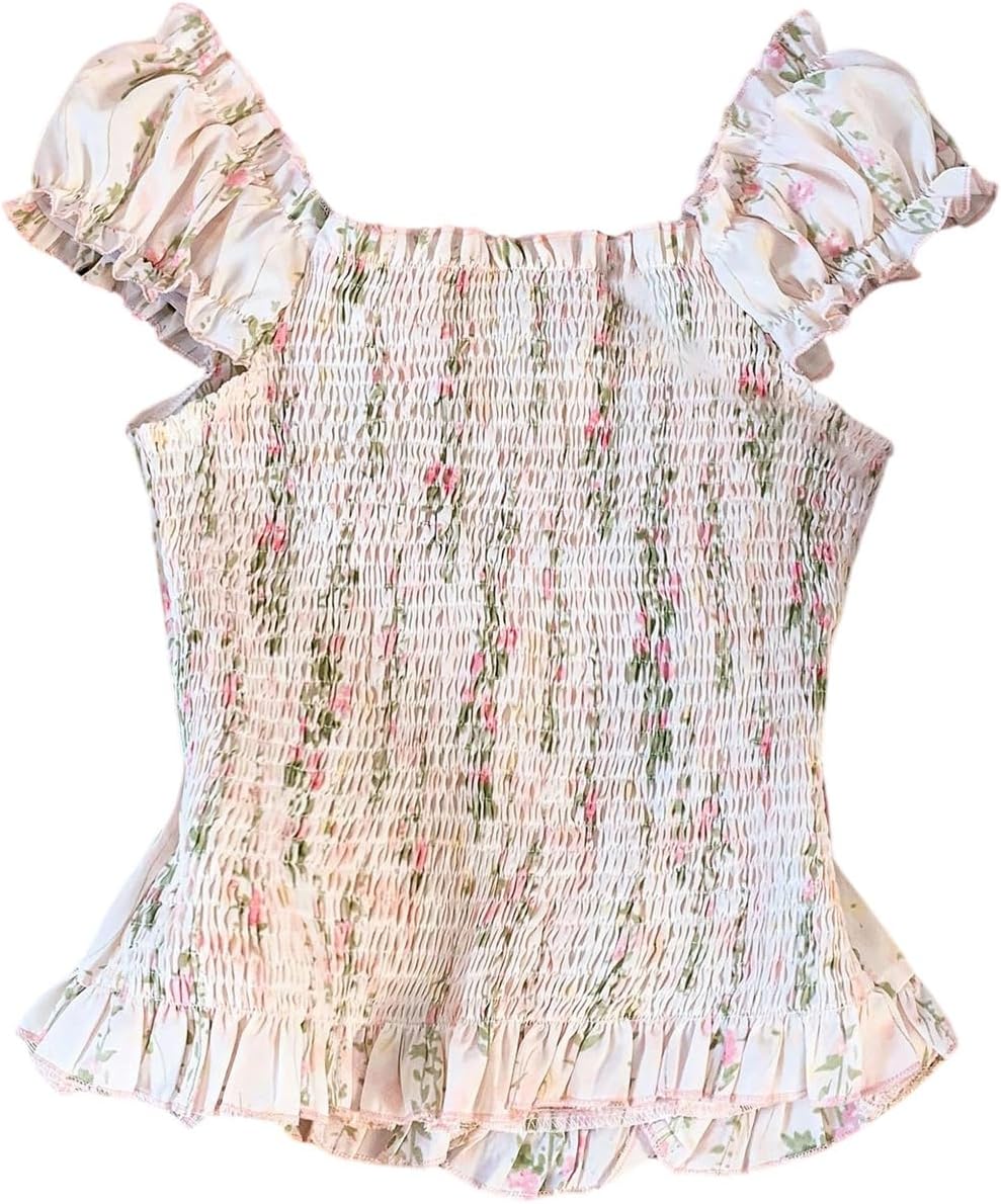 SOLY HUX Women's Floral Blouse Sweetheart Neck Puff Cap Sleeve Button Down Shirt Ruffle Hem Summer Vacation Tops