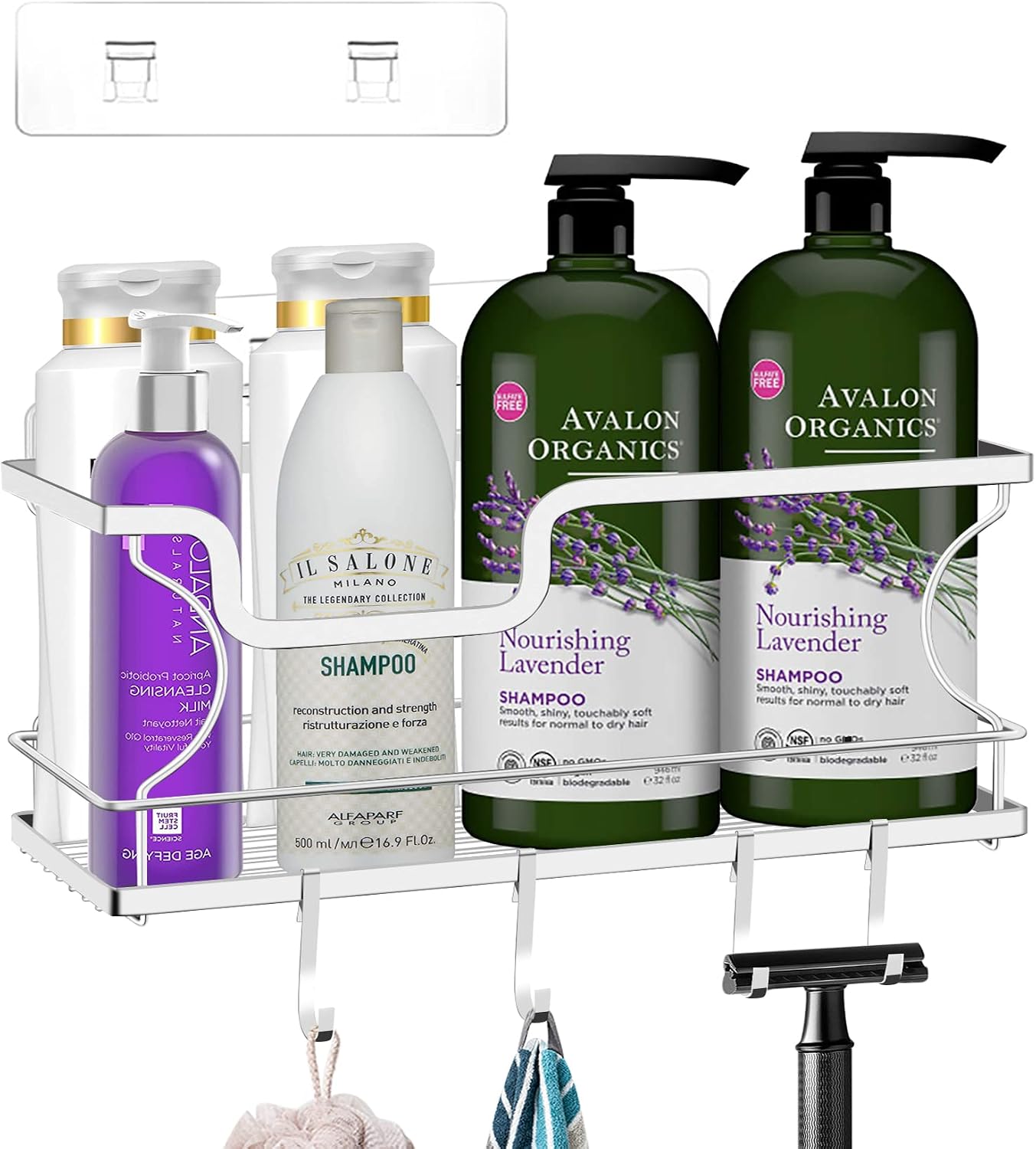 Bathroom Shower Organizer with Hooks No Drilling Adhesive Wall Mounted Shower Caddy Basket Shelf Multi-Function Stainless Steel Holder Rack for Kitchen Panty Organization and Storage (1 Tier, Silver)
