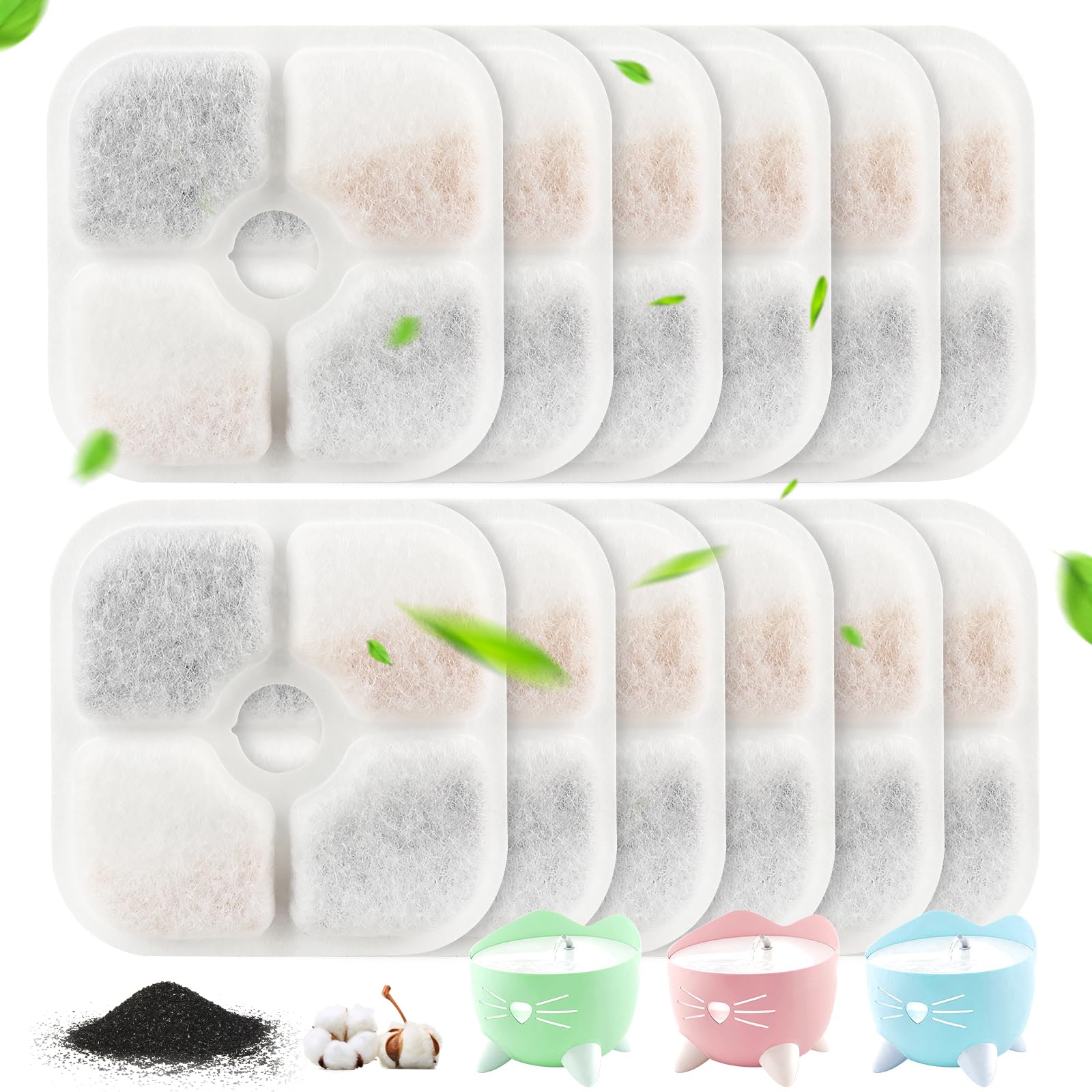 FENGQ 12 Piezas Filtros de Repuesto de Fuentes Compatibles con Catit Pixi, Filtro de Fuente para Las Fuentes de Aguacon Carbón Activado, Filtro Fuente para Gatos para Dispensadores de Agua de 2,5L