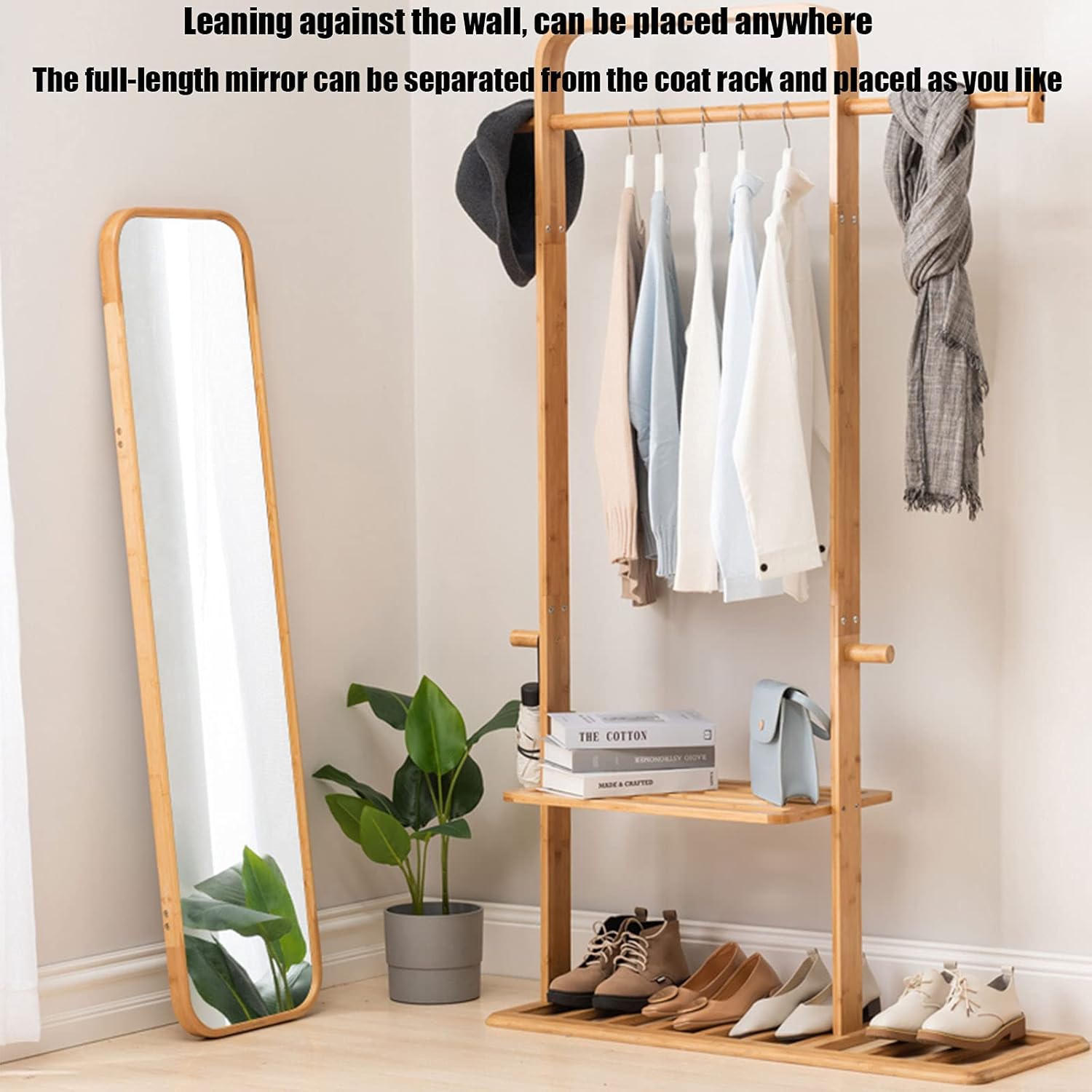 Full-Body Mirror Full-Length Mirror Floor Mirror Storage Fitting Mirror Household Mirror Bamboo Coat Rack Mirror One
