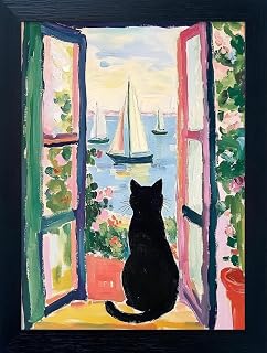 ARPADAMO Coast Black Cat Diamond Art Kits for Adult Diamond Painting12x16in | 5D Funny Whimsical Cat Sailboat Diamond Art Painting Kit for Beginner,DIY Full Round Drill Gem Art Craft,Home Wall Decor Gift