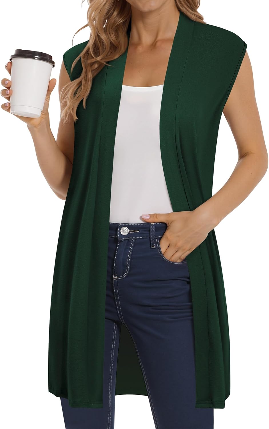ZXZY Long Vest for Women Sleeveless Knit Cardigan Open Front Draped Sweater Duster Casual Lightweight Outwear Vests - Image 2