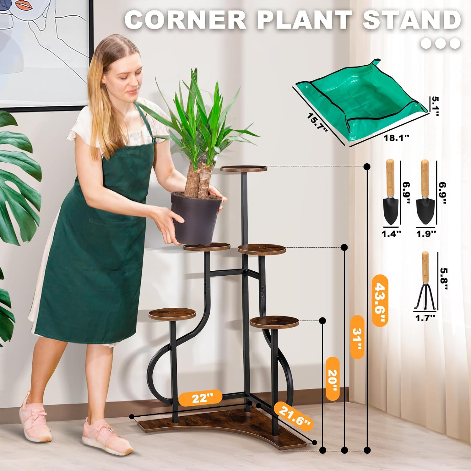 6-Tier Corner Plant Stand, Indoor Plant Stand with L-shaped Base, Aesthetic Metal Plants Shelf for Multiple Plants Flower Pot, MDF Outdoor Plant Holder for Patio Balcony (Rustic Brown)