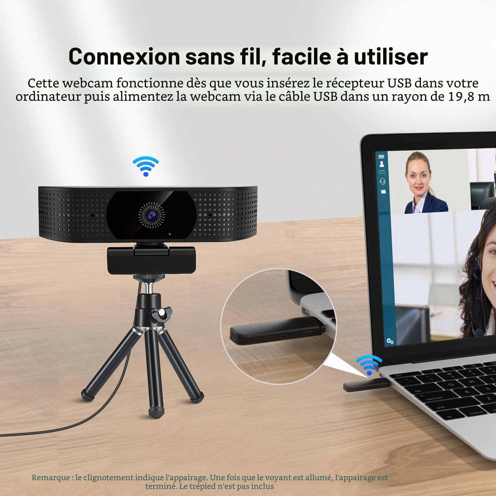 Webcam sans fil 1080p pour PC, webcam avec micro antibruit, alimentation