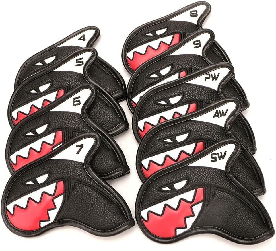 Scott Edward 9pcs Golf Iron Head Covers Black Shark Shape PU Leather Club Head Covers Set 4-9/A/P/S