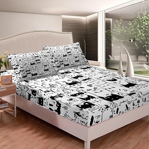 Miniatura 2 de Erosebridal Sábana bajera ajustable de gatos de dibujos animados en blanco y negro para adolescentes y niños, juegos de ropa de cama kawaii con