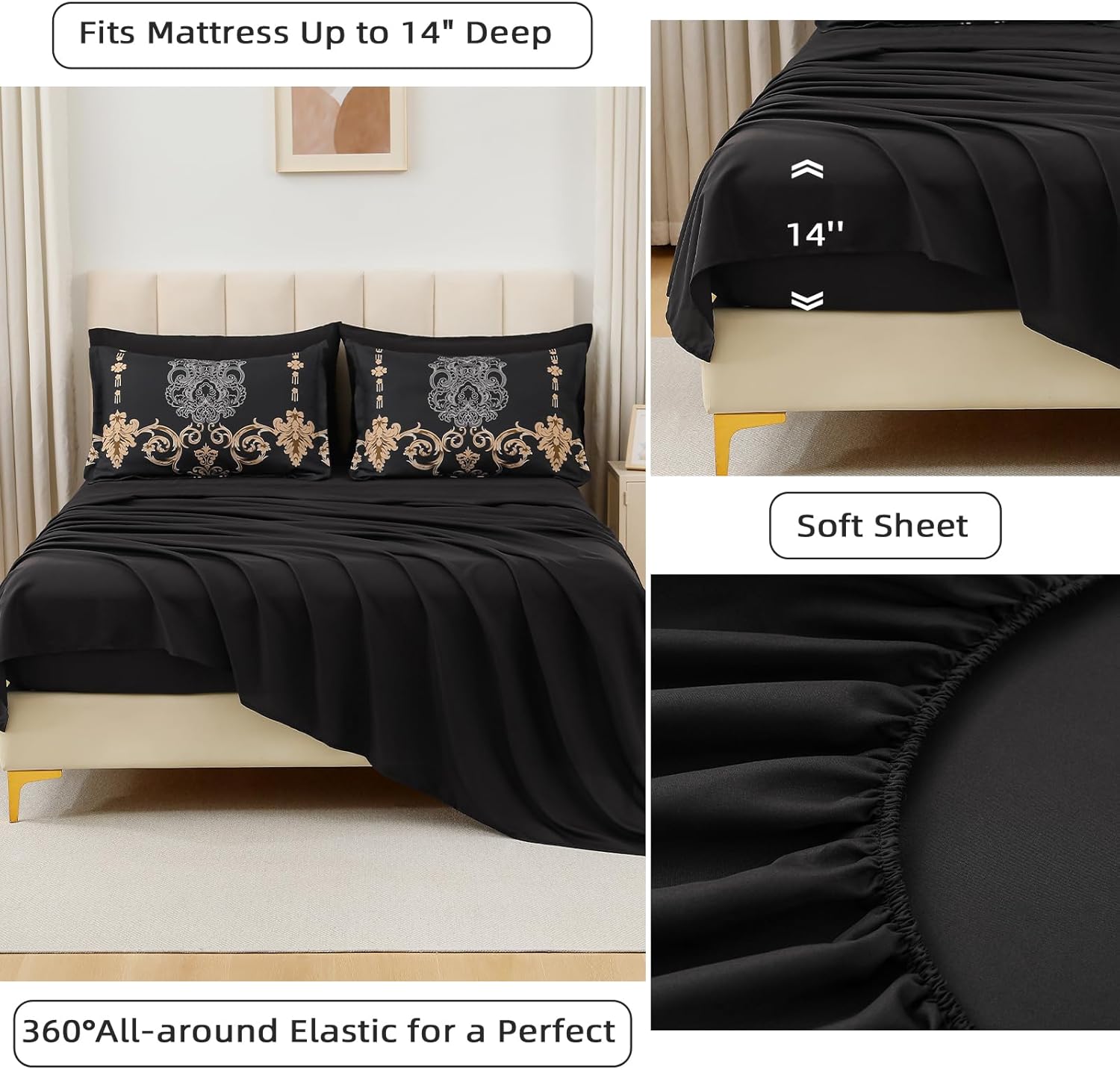 Mybedsoul Black Queen Comforter Set, 7 Pieces Gold Boho Bed in a Bag for Queen Bed, Damask Comforter with Sheets Pillowcases, Soft Microfiber Lightweight Bedding Sets for All Season(90"x90") - Image 4