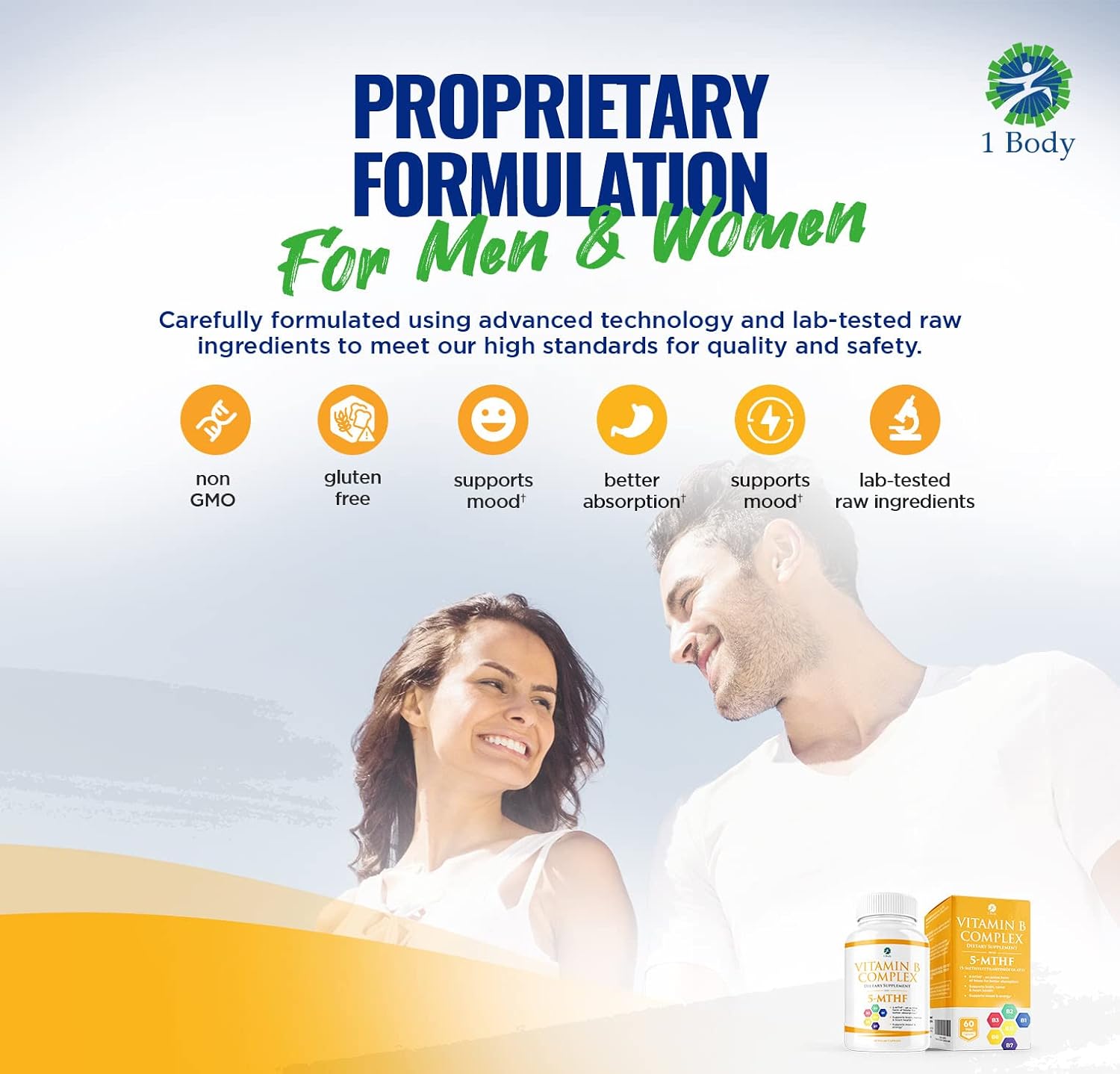 1 Body Vitamin B Complex – 5-MTHF Folate with B1, B2, B5, B6, Methyl B12, Niacin, Biotin – Wide Range of Benefits for Stress, Heart Health, Nervous System Support, Healthy Brain Function