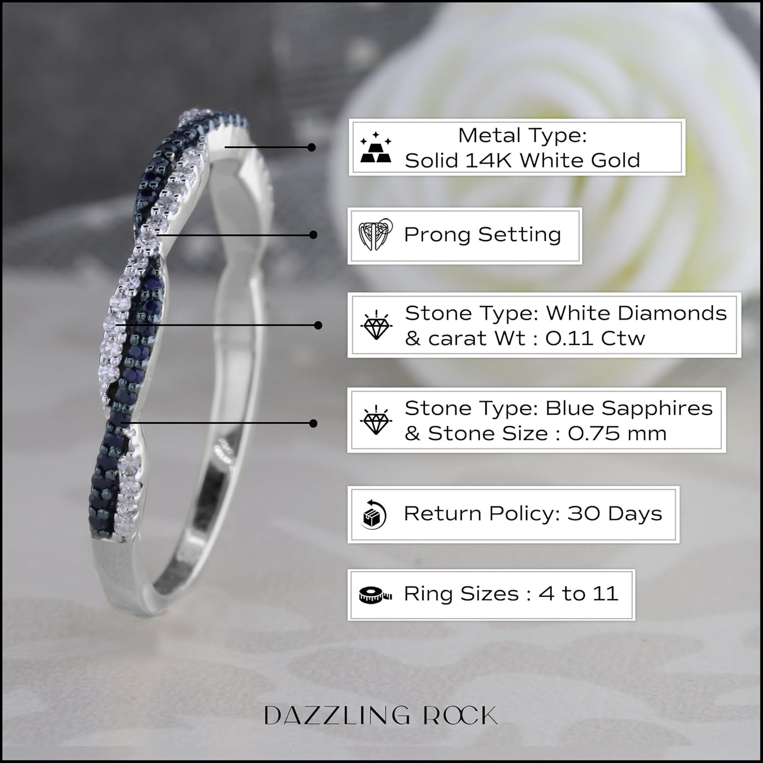 Dazzlingrock Collection Round Blue Sapphire & White Diamond Swirl Stackable Ring for Women in 14K Solid Gold - Image 4