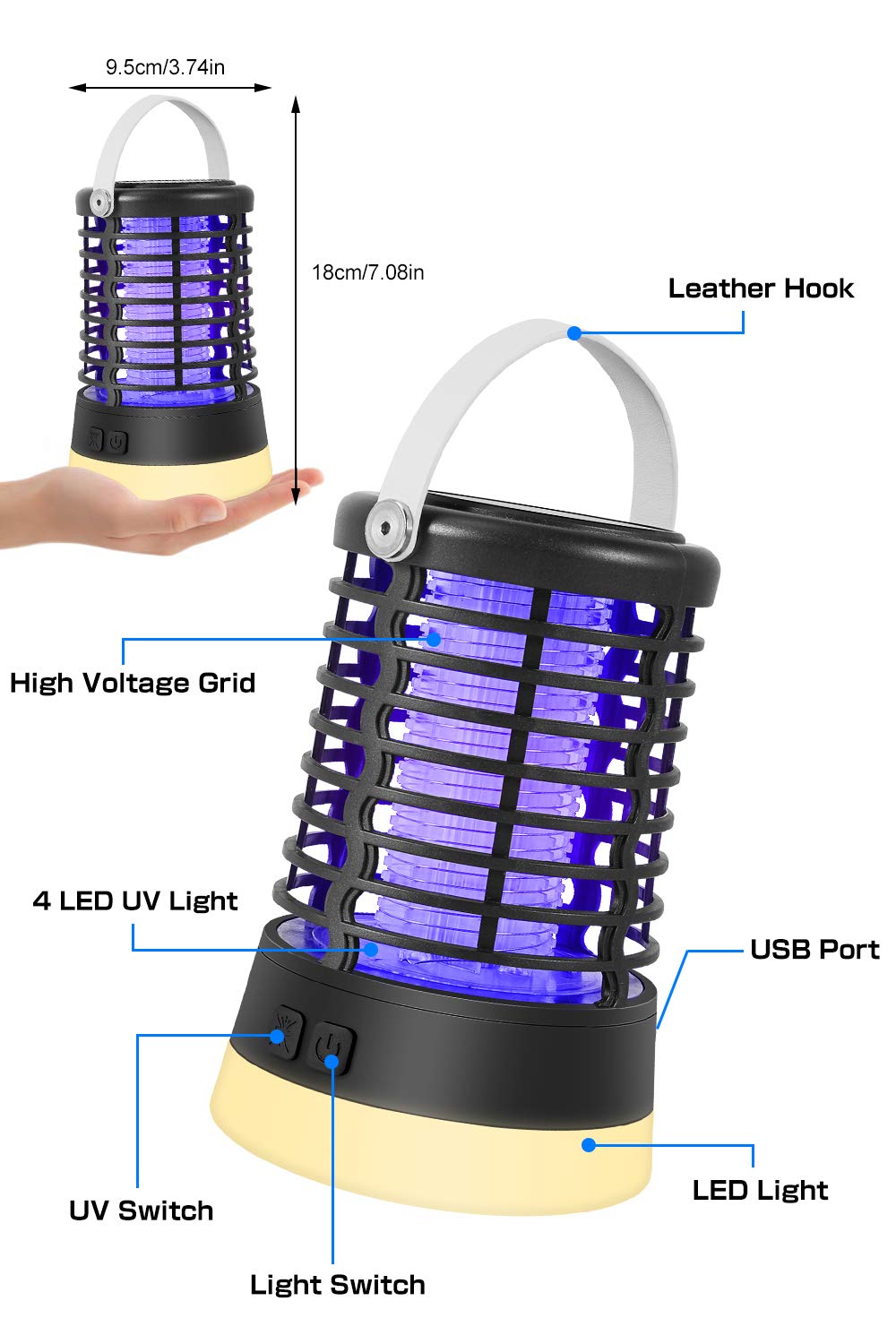 ZOTO Insetticida elettrico 3 in 1, 3 modalità di illuminazione, lampada antizanzare con luce SOS IP67, impermeabile, 2200 mAh, batteria incorporata, lampada da campeggio per interni ed esterni gancio