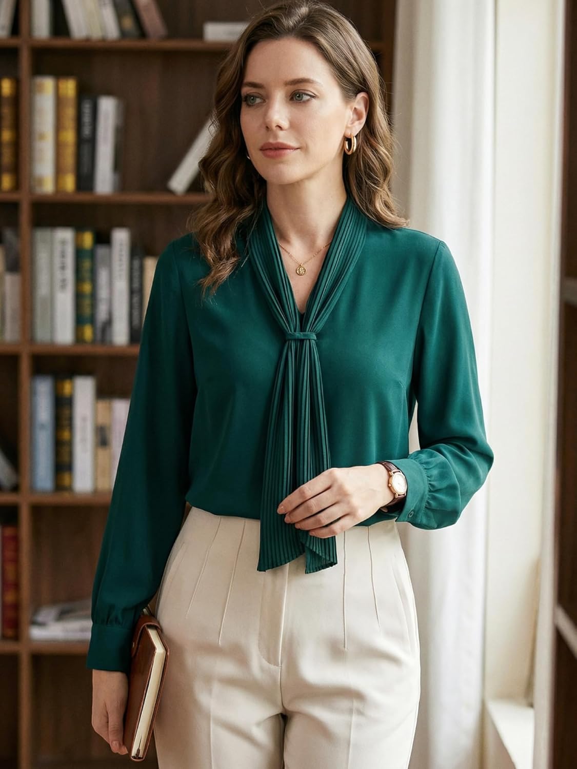 Allegra K Women's Dressy Long Sleeve Blouses Chiffon Pleated Tie Neck Office Top Shirt - Image 2