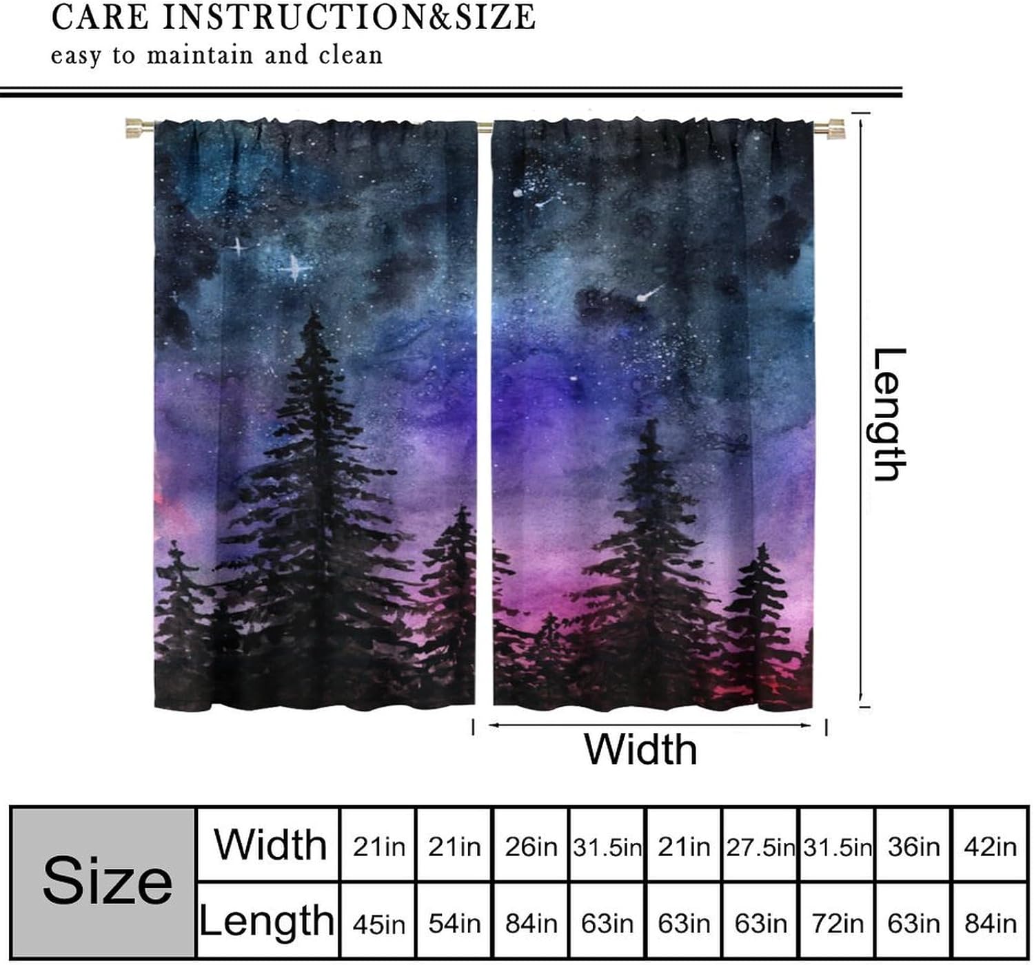 Forest Blackout Curtains,Watercolor Galactic Forest Pattern Drapes Window 2 Panel Rod Pocket Curtain for Bedroom Living Room Decor 21" W X 45" L