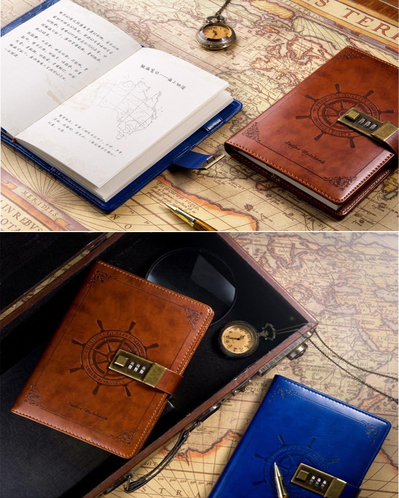 ToiM Retro Business Notebook with A Password Lock Coded Lock for Diary Handbook Notepad Cahier Journal Great Stationery (Without Chinese Writing) (Chestnut-Brown)