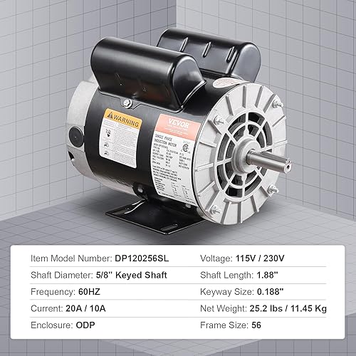 Miniatura 9 de VEVOR Motor Eléctrico de Compresor de Aire de 2 HP, 115230V, 2010 Amperios, Marco 56 3450 RPM, Eje Claveado de 58 Pulgadas, Longitud de Eje de 1.88