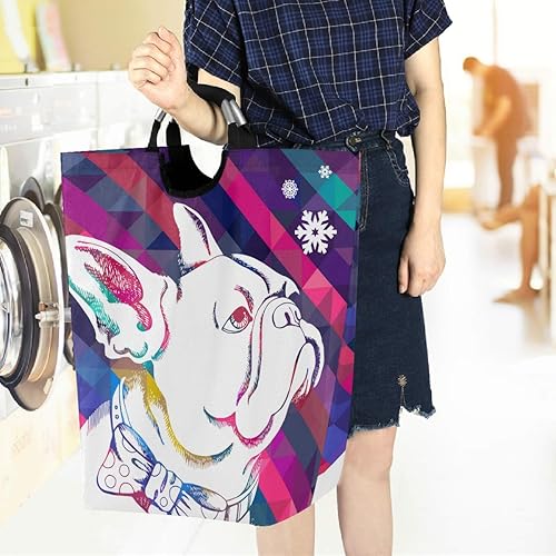 Miniatura 6 de visesunny Cesta plegable para ropa sucia, bulldog francés, copos de nieve, rayas, animales, cesta grande para la ropa sucia con asa, juguetes y
