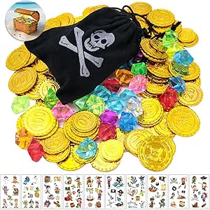 200 Stück Piratenschatz Set - 100 Goldmünzen & 100 Edelsteine Für Kindergeburtstag