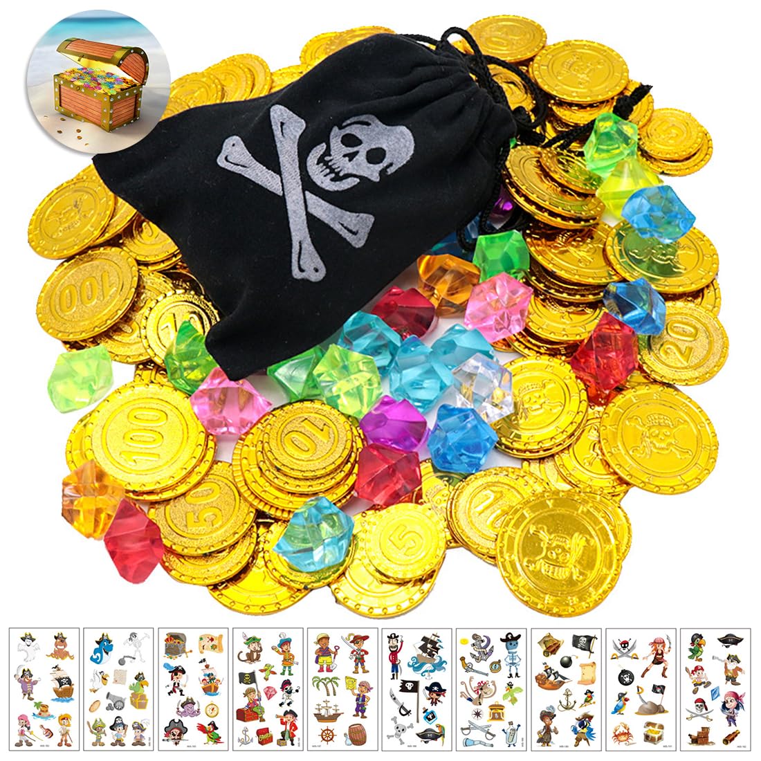 100 Pièces Trésor Pirate - 50 Pièces D'or + 50 Pierres Précieuses - Pour Chasse Au Trésor, Décoration, Anniversaire