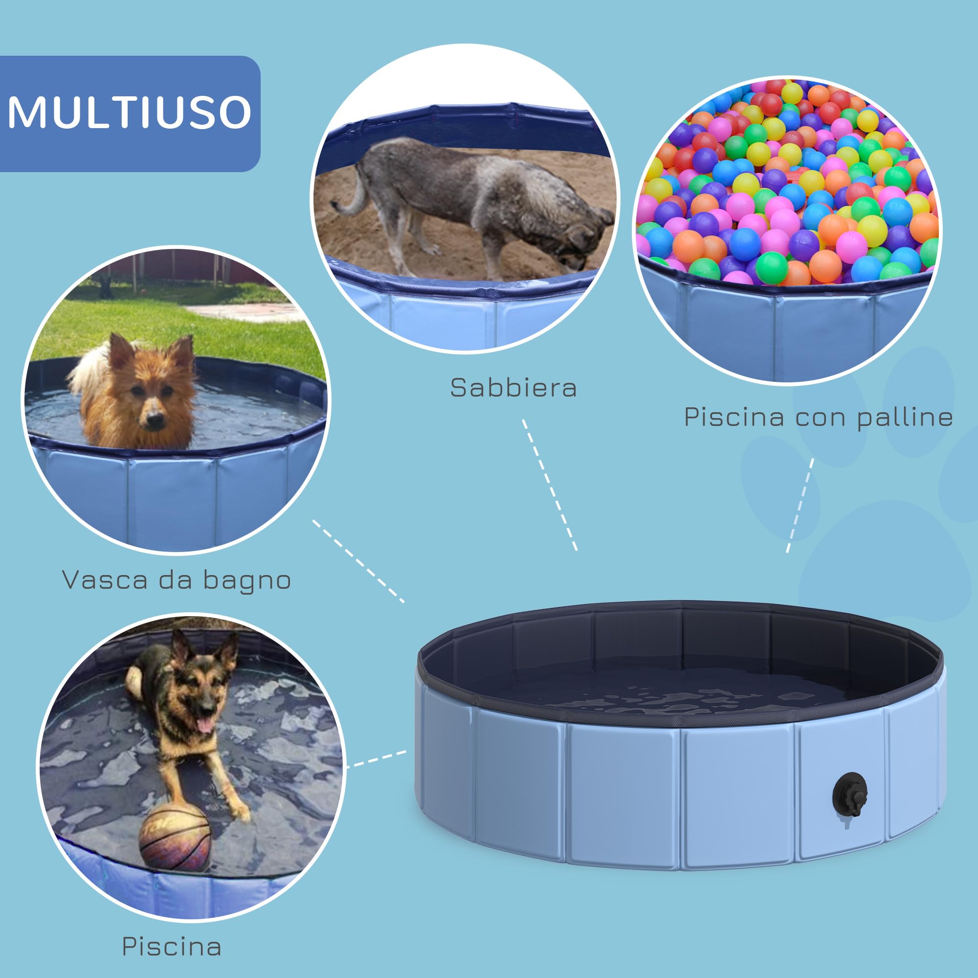 PawHut Piscina per Cani in Plastica, Piscina Pieghevole con Bordo Stabile per Animali Domestici, Ø80 x 20 cm, Blu