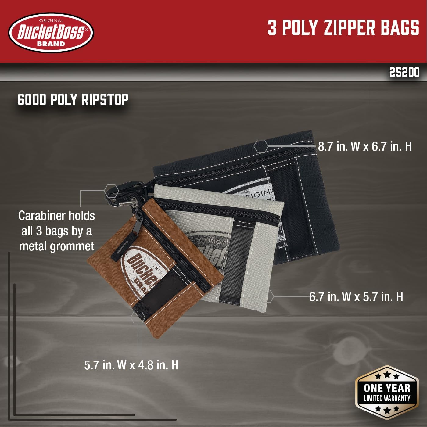 Bucket Boss 3 Poly Zipper Bags in Brown Grey and Black, 25200