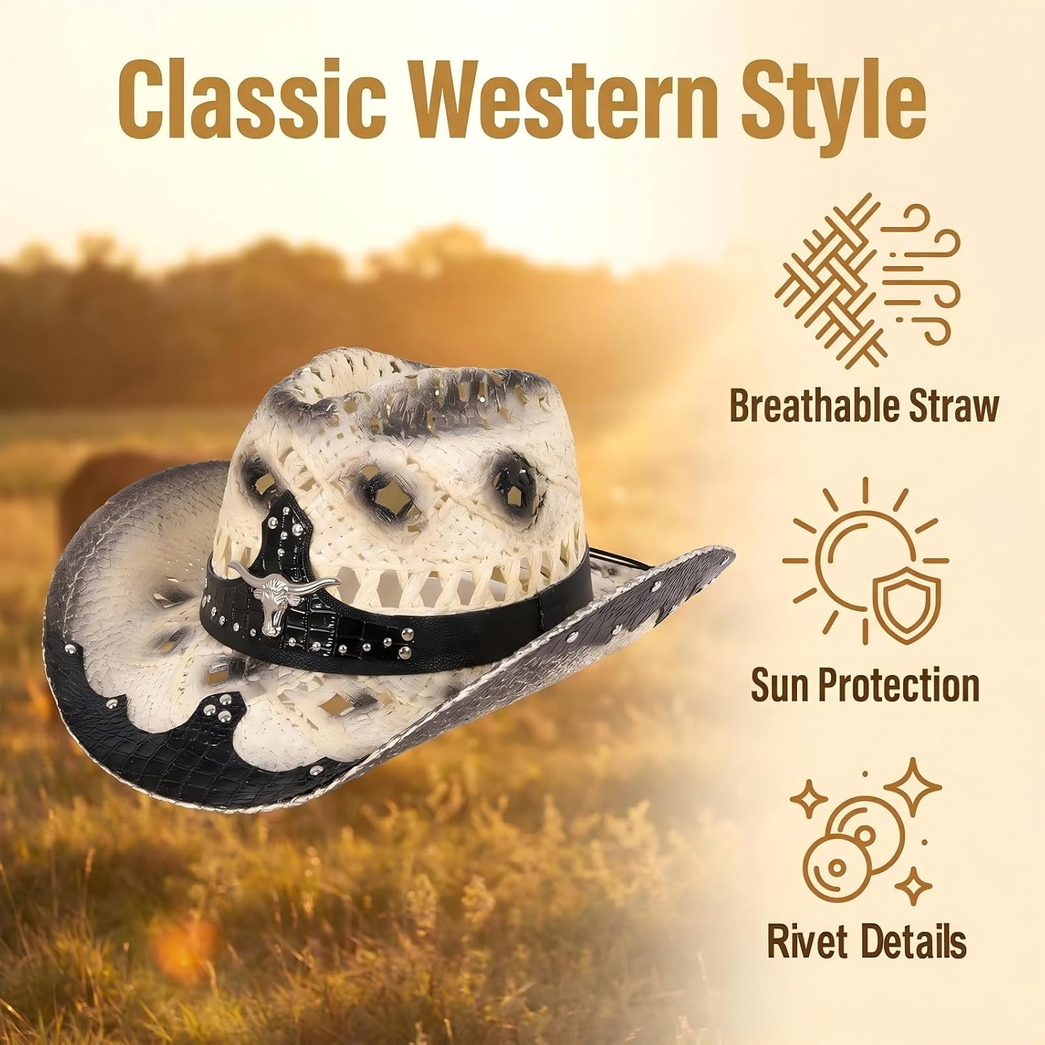 Straw Cowboy Hat for Men Women, Breathable Lightweight | Straw Woven, Elastic Sweatband, M Size Adult, Western Style, Outdoor Sunshade