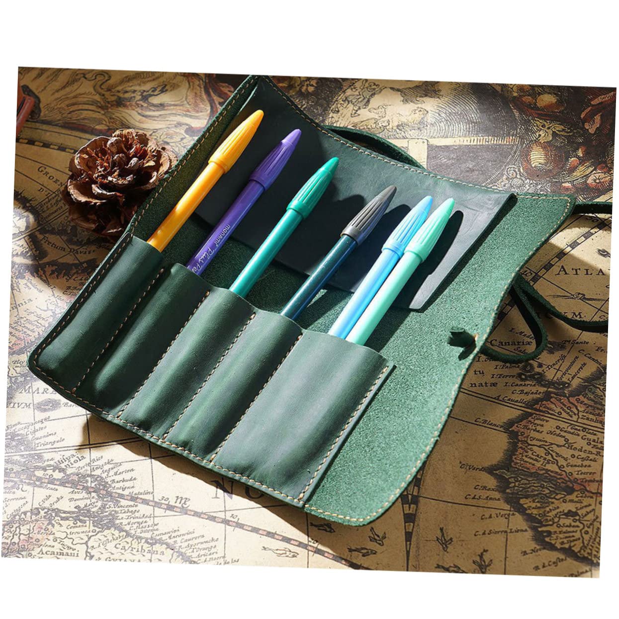 SHINEOFI Estuche Enrollable Costura a Mano de Cuero Vintage Verde para Bolígrafos y Plumas Estilográficas Adecuado para Oficina y Universidad