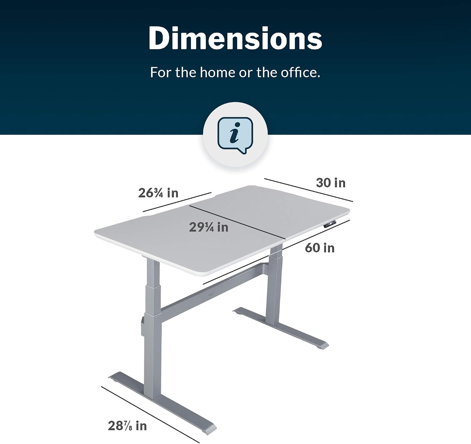 Vari Electric Standing Desk 60" x 30" (Discontinued Model) - Height Adjustable Sit to Stand Desk - Solid-Top Desktop with Included Crossbar and Cable Management Tray (White with Silver Legs)