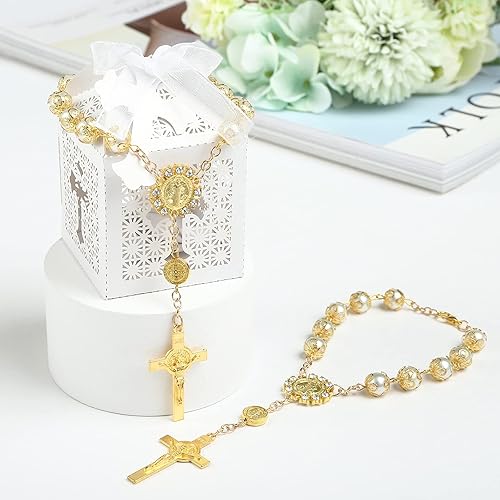 Miniatura 4 de LEMESO 20 piezas de bautismo chapado en oro, mini rosario de perlas de imitación de color marfil y pulsera con patrón de Jesús, ideal para bautizo,