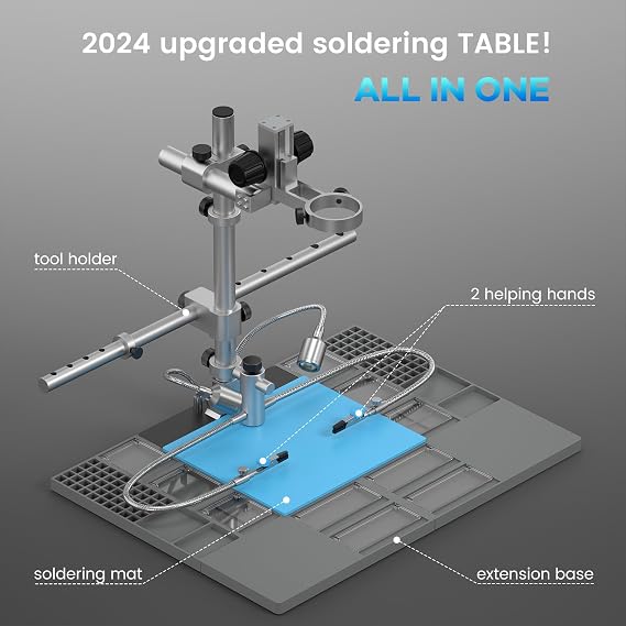 LM249MS Plus 3 Lens 10.1 HDMI Digital Microscope for Adults 2000X, Soldering Microscope Station for Electronics Repair, 13 Boom Arm Stand, Soldering Mat Helping Hands, 2160P UHD Video, 32GB