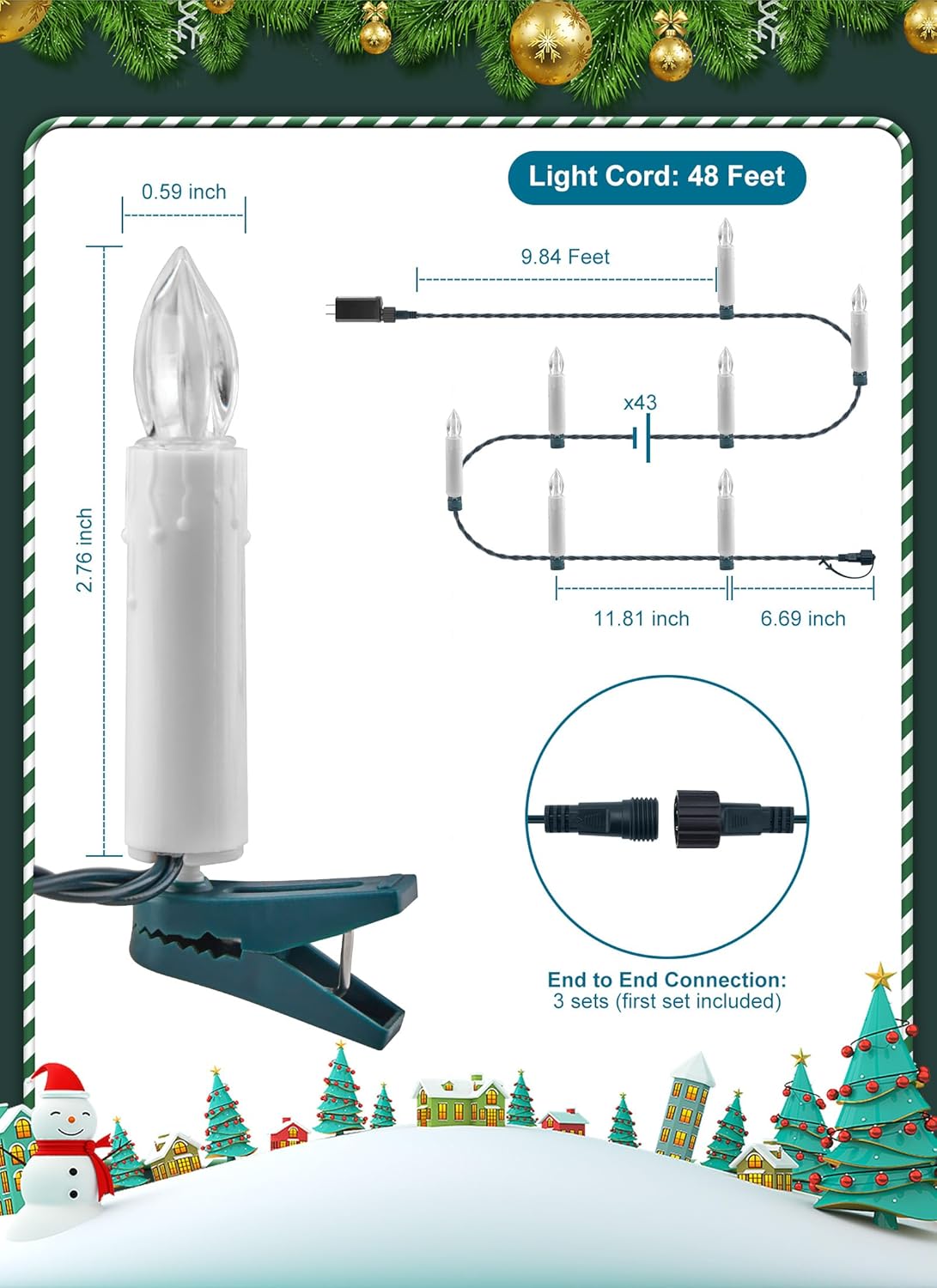 Christmas Tree Candle String Lights Plug in, 50 LED Flameless Candle Lights with Clips, 48Feet Candle Twinkle Lights for Xmas Tree Festive Holiday Seasonal Celebration Decoration, Warm White