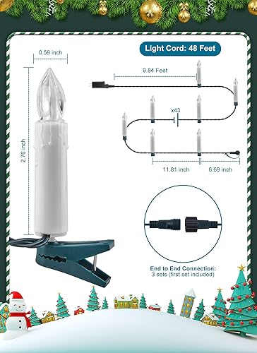 Miniatura 7 de Tira de luces para árbol de Navidad enchufables, 50 luces LED sin llama con clips, luces parpadeantes de vela de 48 pies para árbol de Navidad,