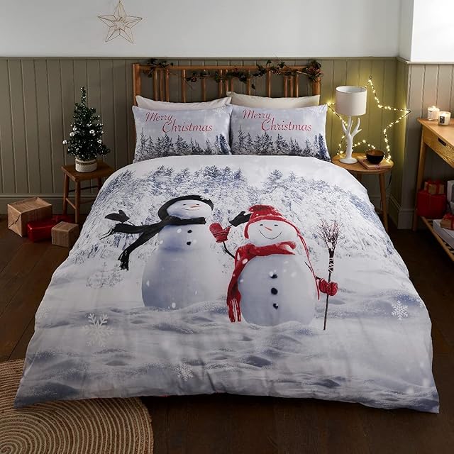 Sleepdown Merry Christmas Photographic Snowman Friends Red Reversible Soft Easy Care Duvet Cover Quilt Bedding Set with Pillowcase - Single (135cm x 200cm)