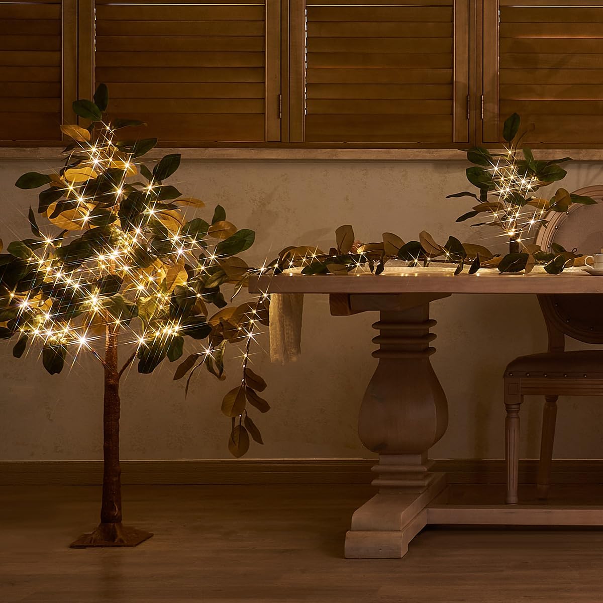 Fudios Magnolia Lighted Garland with Timer 6FT 80 LED Fairy Lights Battery Operated or USB Plug in, Artificial Greenery Garland Lights for Spring Holiday Party Mantle Decoration