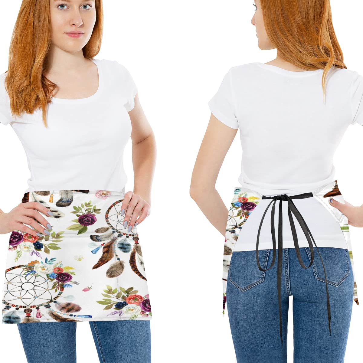 bisibuy Tribal Floral 3 Pack Server Aprons with 3 Pockets, Boho Dreamcatcher Waitress Waiter Wasit Apron for Women Men Restaurant Bistro Cafe Bars Half Aprons Waitress Server Accessories