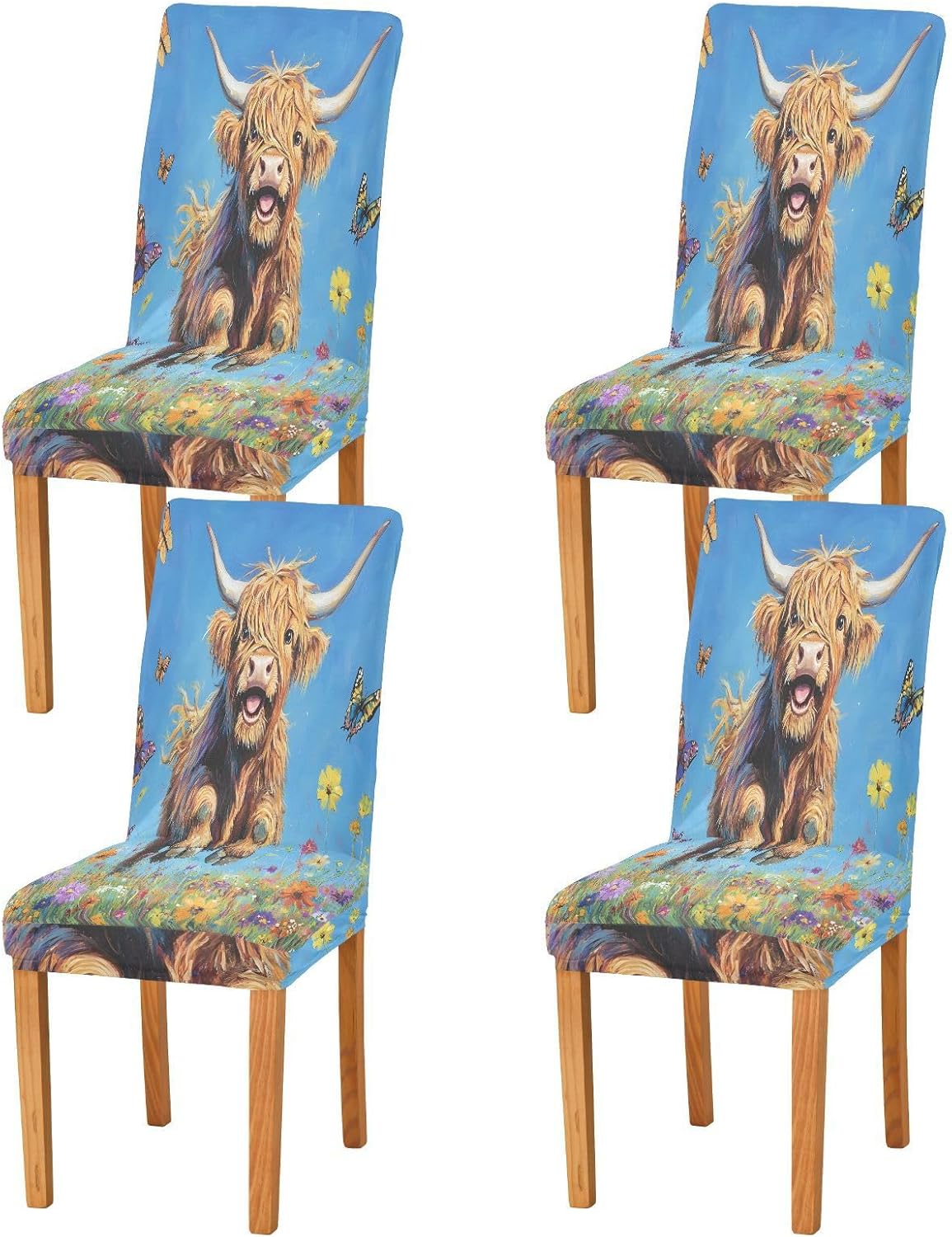 ALAZA Chair Covers for Dining Room, Highland Cattle Running Among The Flowers Stretch Chair Cover Sets Chair Protector Removable Washable for Ktichen Restaurant Hotel