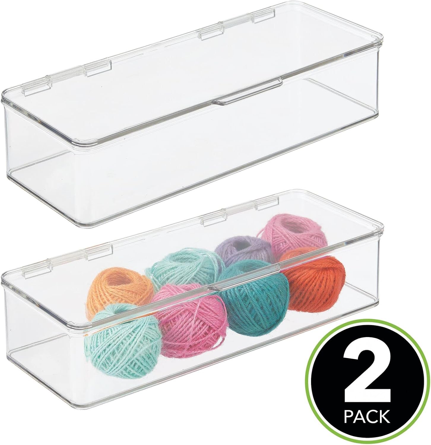 mDesign Long Plastic Craft Room Stackable Storage Organizer Box Containers with Hinged Lid for Thread, Beads, Ribbon, Glitter, Clay, Sewing, Crochet, Fabric, Stamps, and Scissors, 2 Pack - Clear