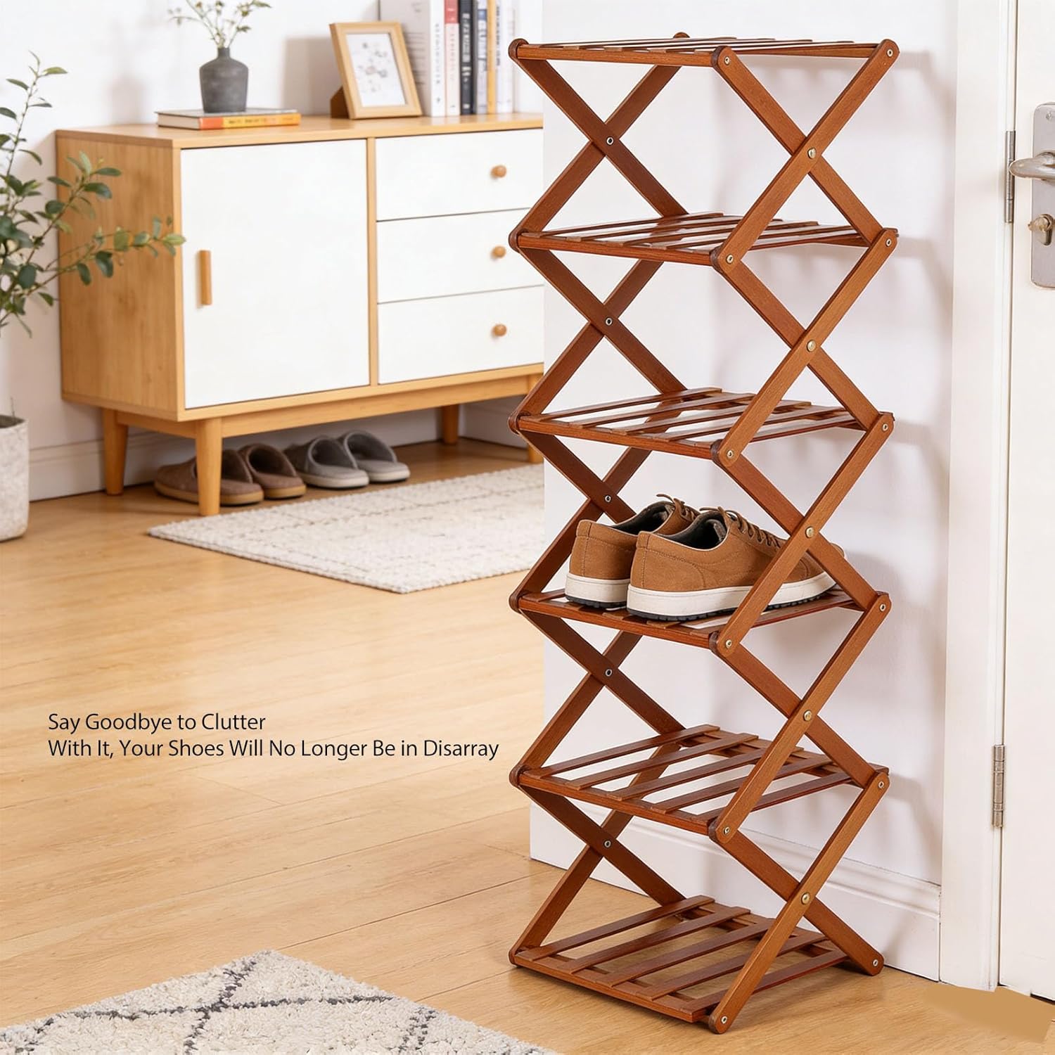 6 Tier Foldable Shoe Rack, Narrow Vertical Shoe Organizer FreeStanding Shelf, Folding Storage Racks for Entryway Hallway Living Room Closet