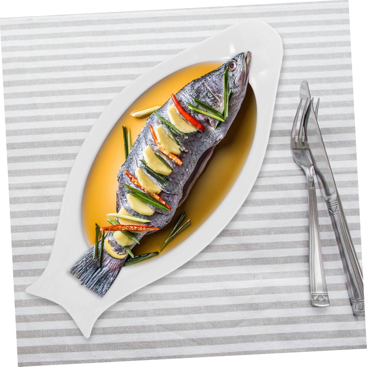 VICASKY Pure White Oval Ceramic Fish Plate Steaming Dish Non Slip Scald Serving Tray for Home Kitchen and Restaurant Use