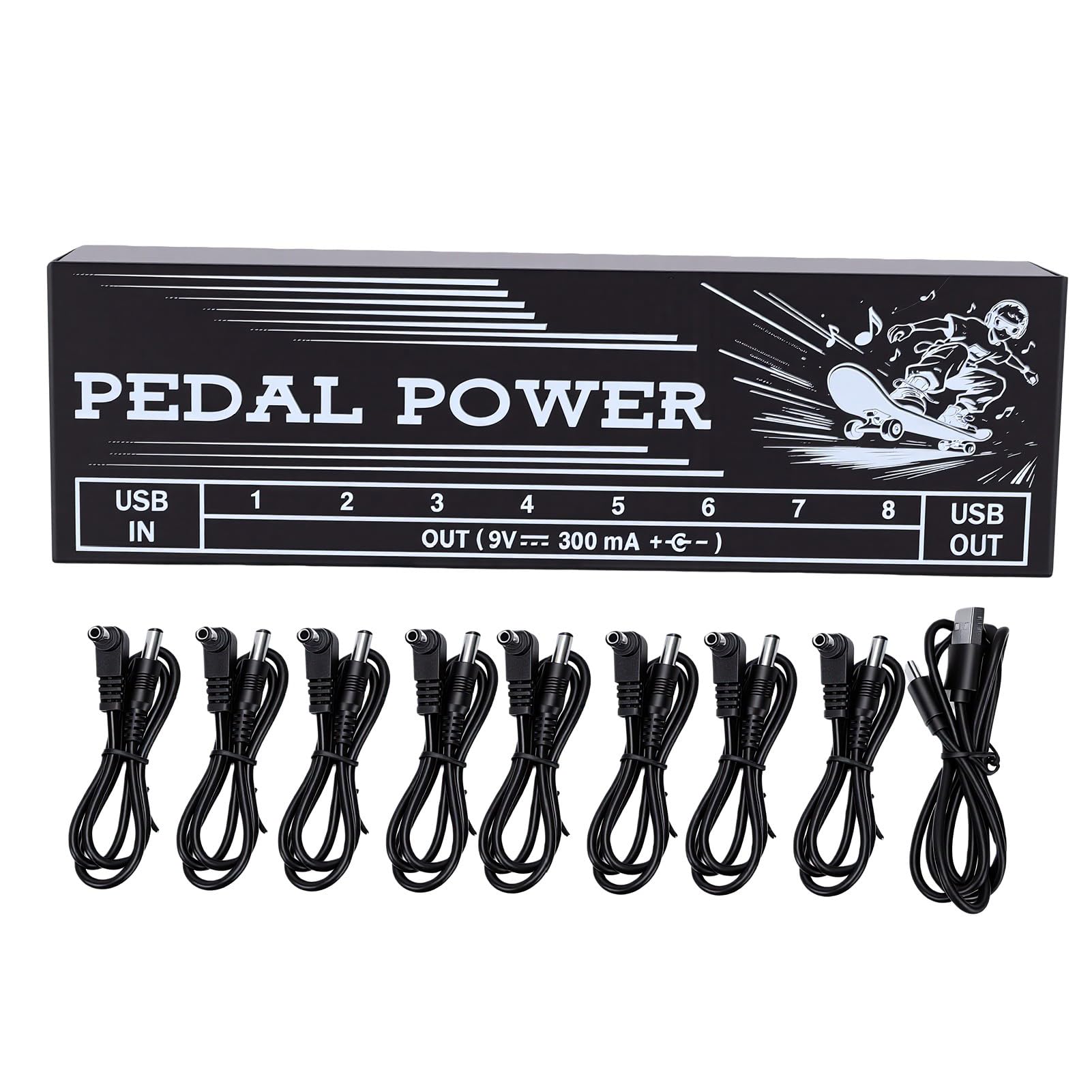 POENVFPO Alimentatore per Pedali Effetto Isolato 8 Uscite 300mA con | 9V DC 300mA per Uscita, Filtro di Riduzione del Rumore, Indicatori LED, Porta di Ricarica USB 5V 1A
