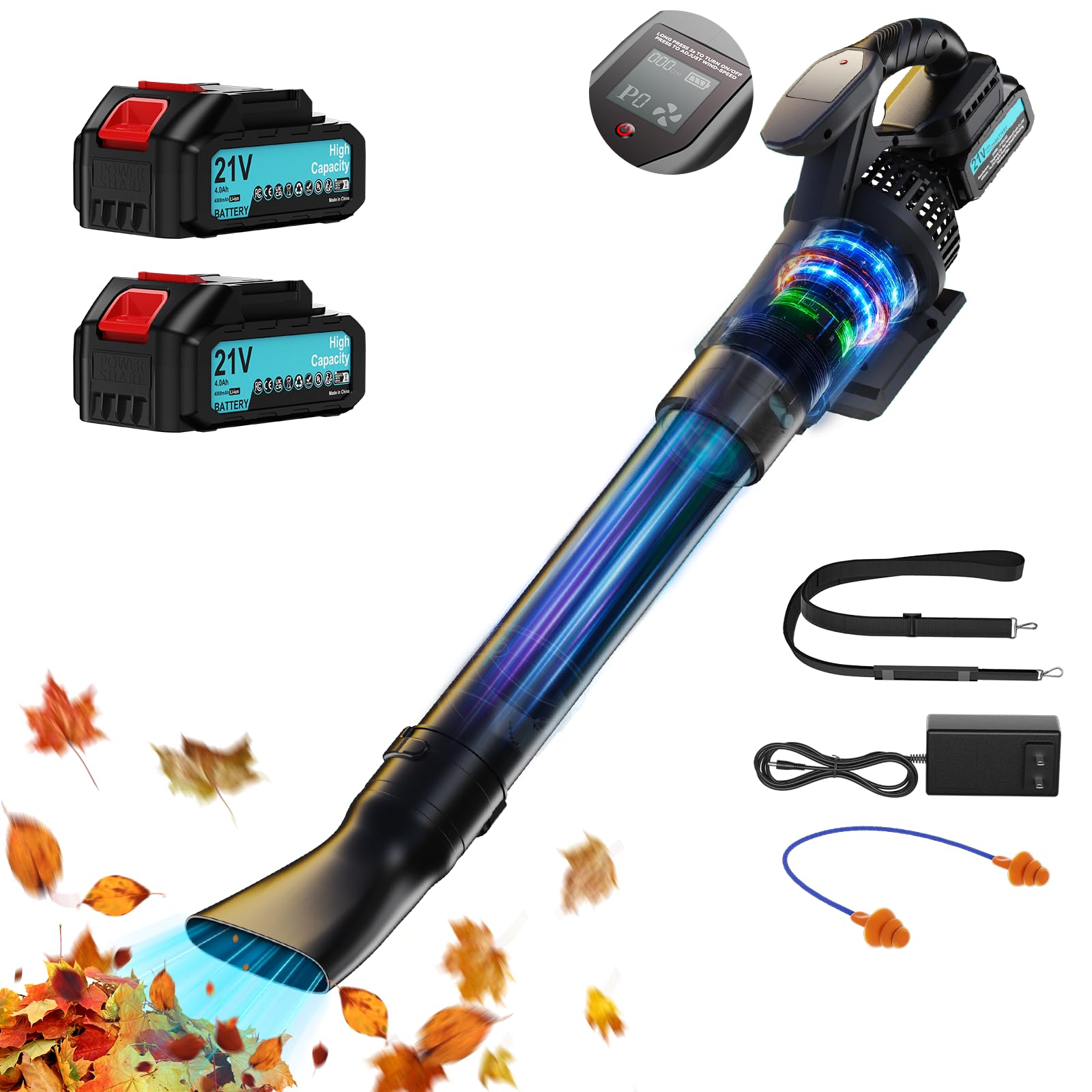 Olubfdh 21V Soffiatore a Batteria 255Km/h 1070m³/h, Max 38000RPM, 3 Velocità con 2 batterie 4000 mAh e caricabatterie Display LCD per Foglie Giardino, Trucioli Legno, Pulizia del Cortil (Grigio)