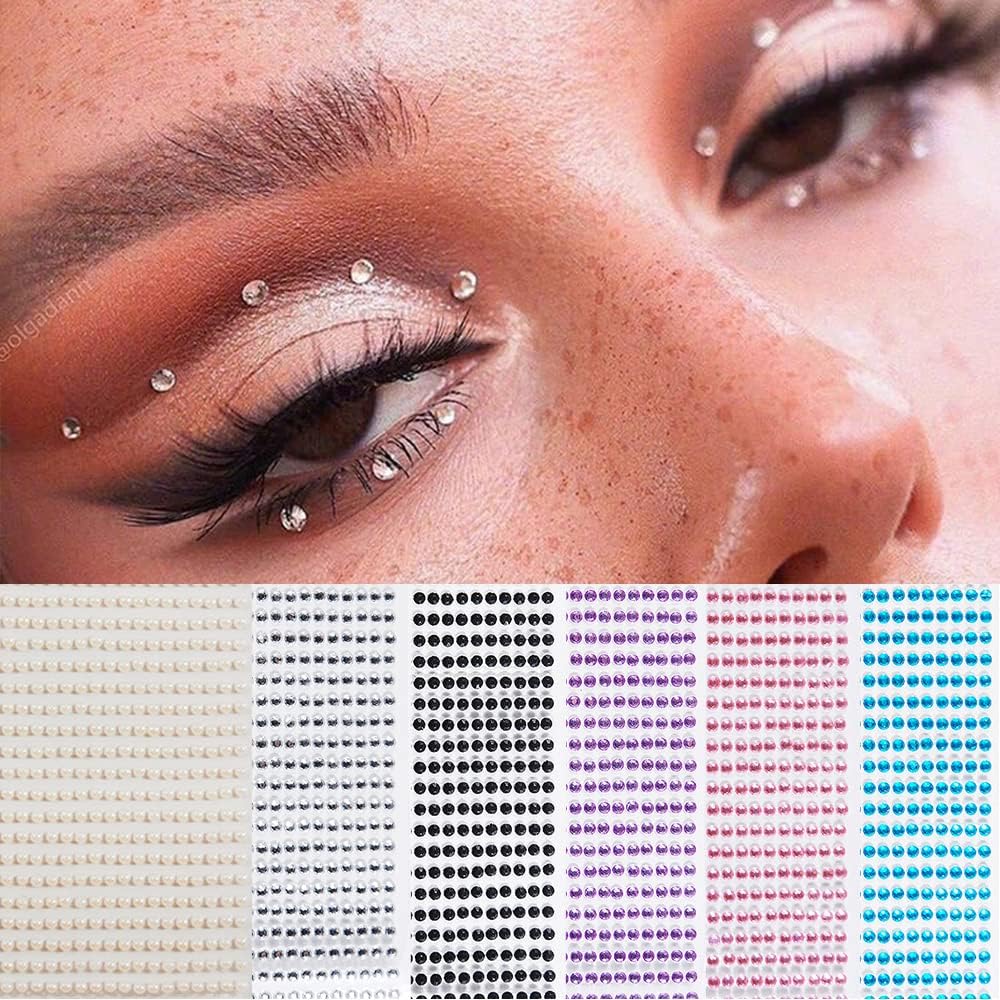 ASVNRES Pearl Makeup Self Adhesive Rhinestones for Eye Jewels Face Gems Halloween Decoration, Nail Rhinestones Body Temporary Tattoo Diamonds, Eyeshadow Jewelry Sticker for Women Girls 6 Sheets