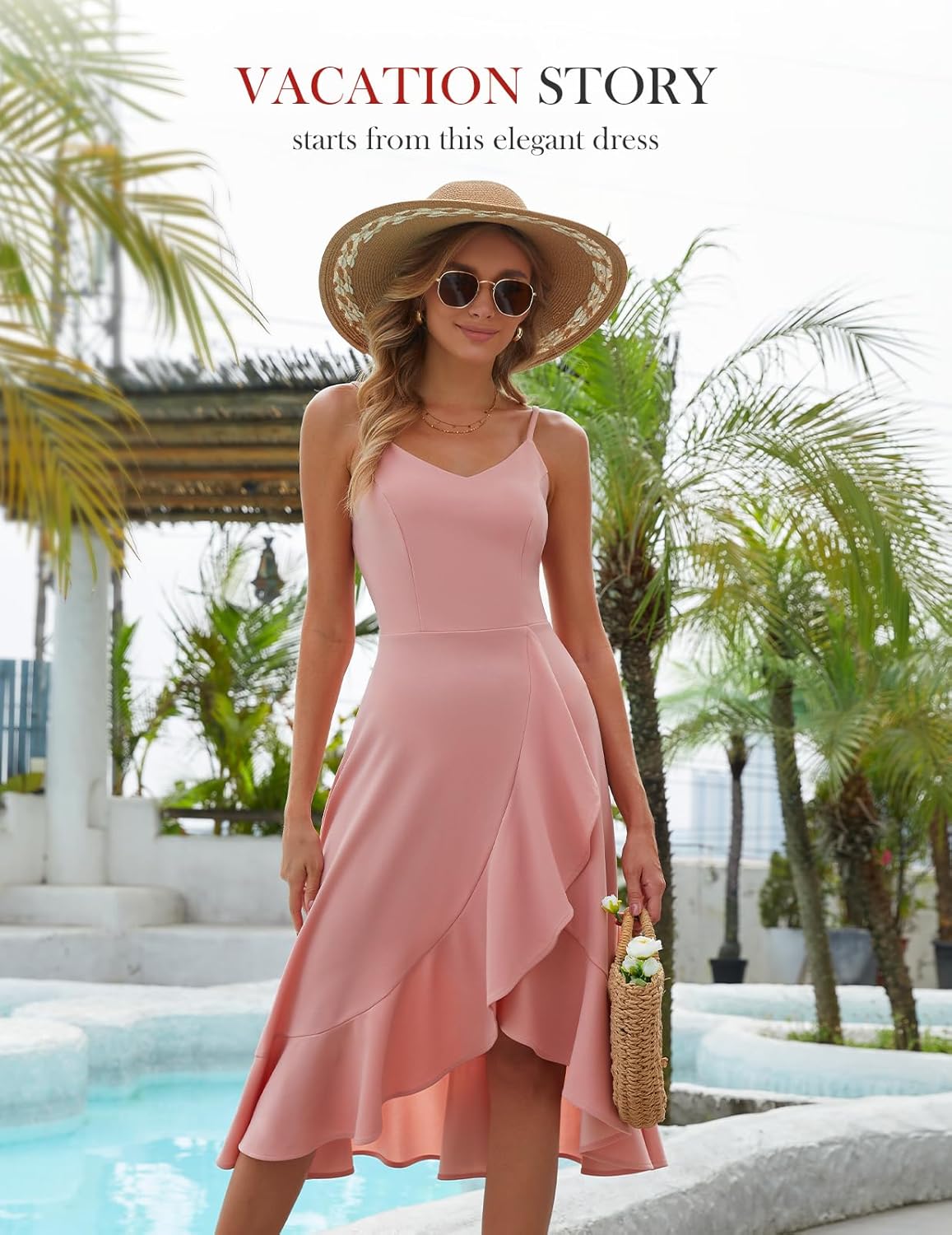 DRESSTELLS Women's Cocktail Dress for Formal Wedding Guest, Aline Fit Flare Modest Evening Prom Easter Party High Low Ruffle Dresses Blush L - Image 3