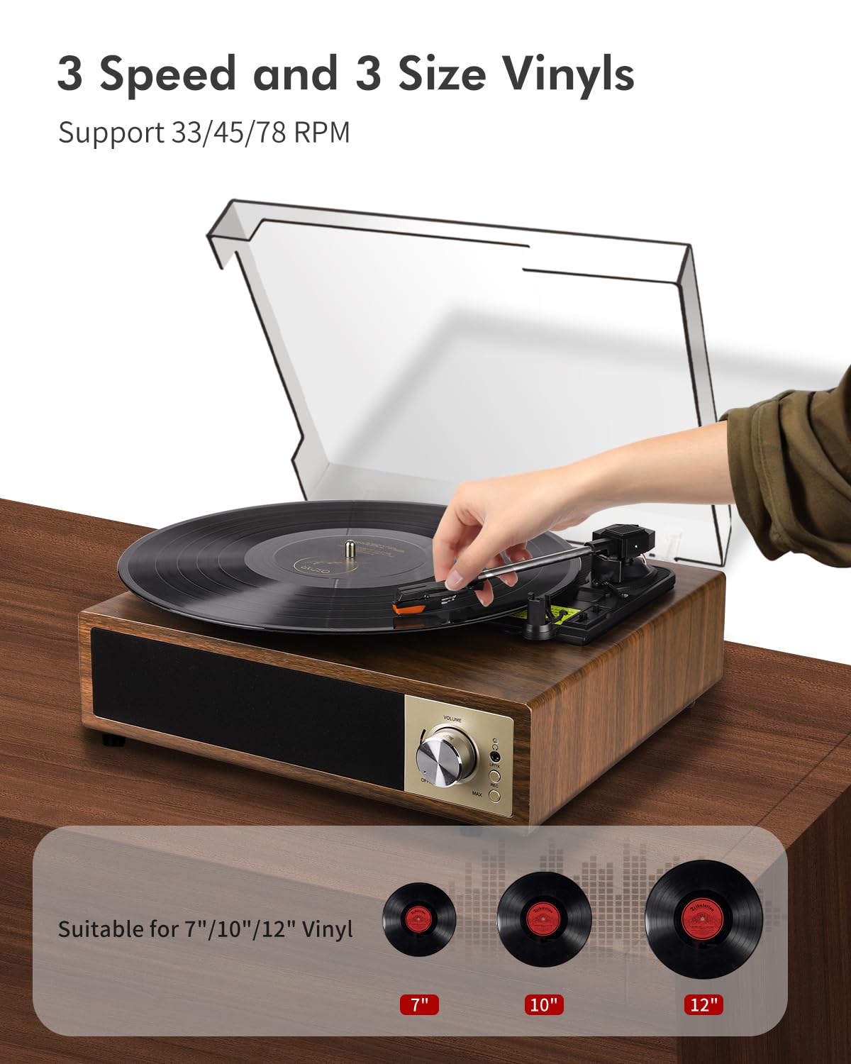 VIFLYKOO Platine Vinyle Bluetooth 5.4, Tourne-Disque avec Haut-Parleurs Stéréo Intégrés, 3 Vitesses (33/45/78 Tours/Min), Lecteur Vinyle Compatible avec RCA, USB et Entrée/Sortie AUX, Brun