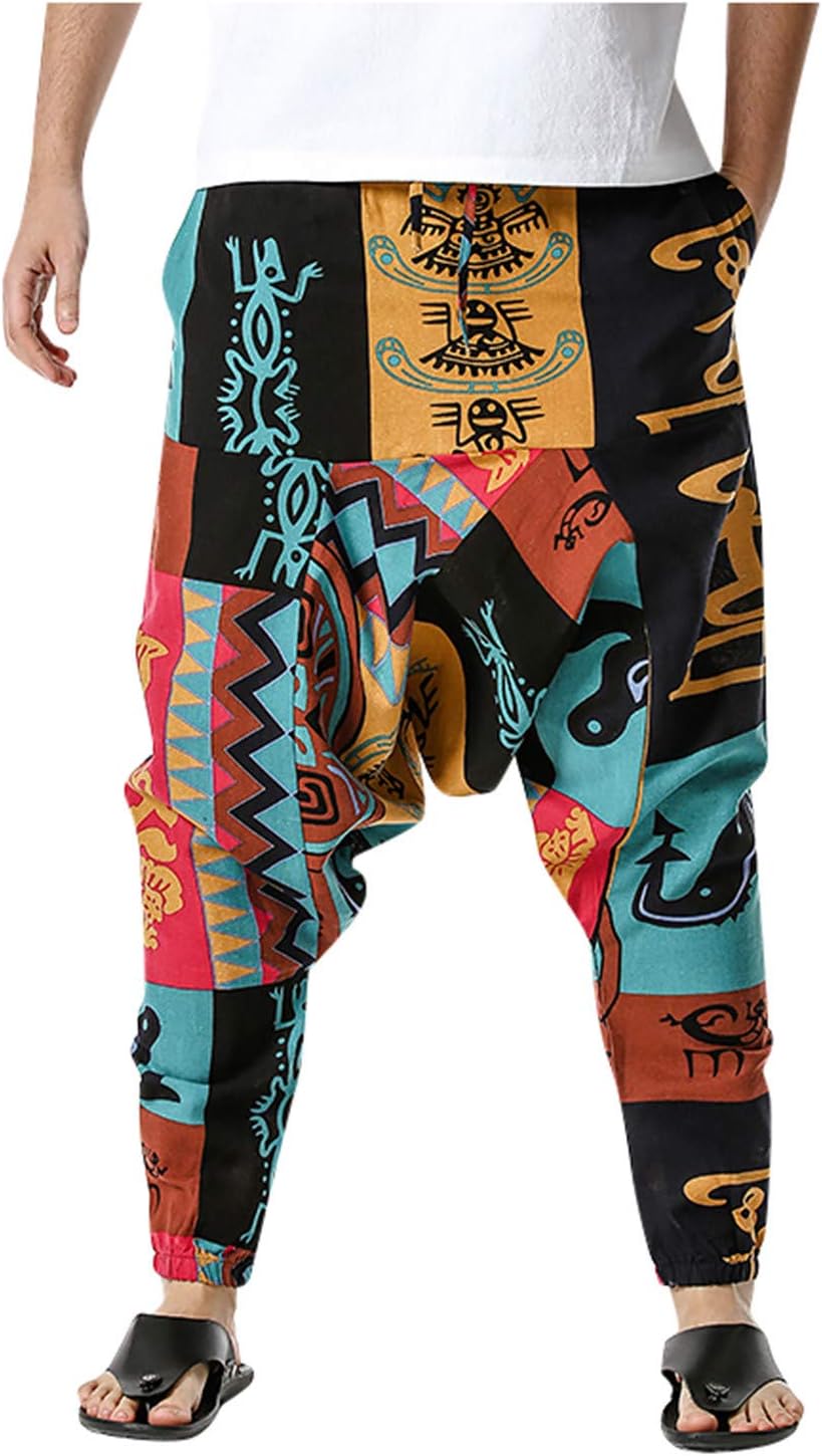 Moxiu Men's PantsMen's Linen Baggy Hippie Boho Yoga Harem Pants African Pattern Print Drop Crotch Jogger Street Dance Pant