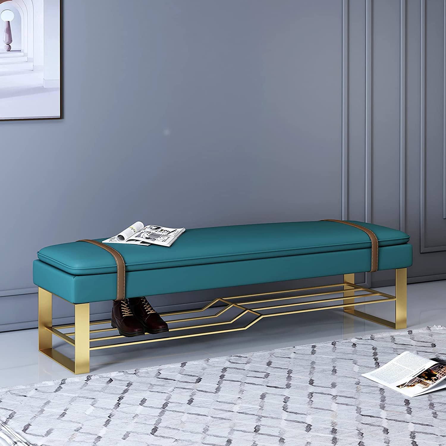 Cadre en métal pour banc à chaussures d'entrée et bout de lit avec assise rembourrée confortable