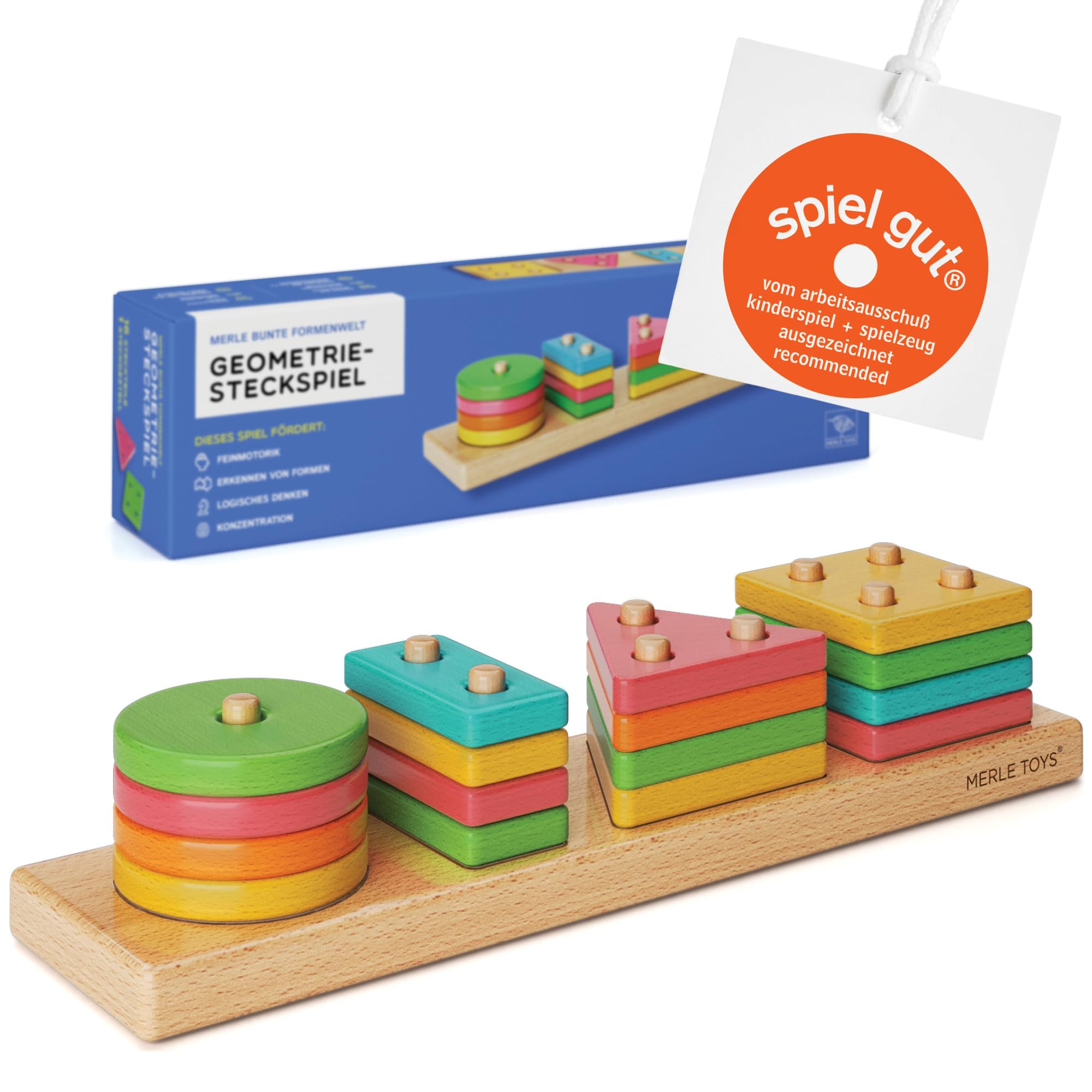 Merle Toys® Wooden Shape Sorter for 1 Year Old, 100% Beech Wood, Wooden Stacking Toys with 16 Rounded Colourful Shapes