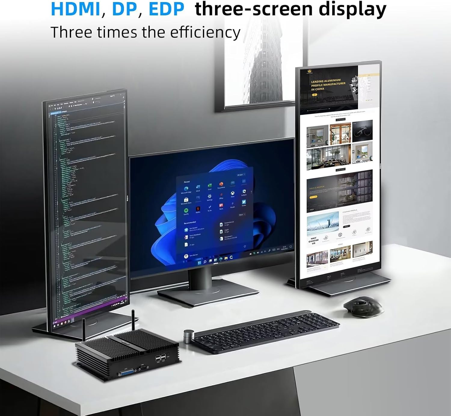 WEIDIAN Fanless Industrial PC, Mini Desktop Computer Core i7-8550U, Triple Display 4K@60Hz Output, HD, DP, EDP, Dual NIC, 8USB, 6RS232 COM, LPT, WiFi, BT4.2, SIM Card Slot(16GB RAM 256GB SSD)